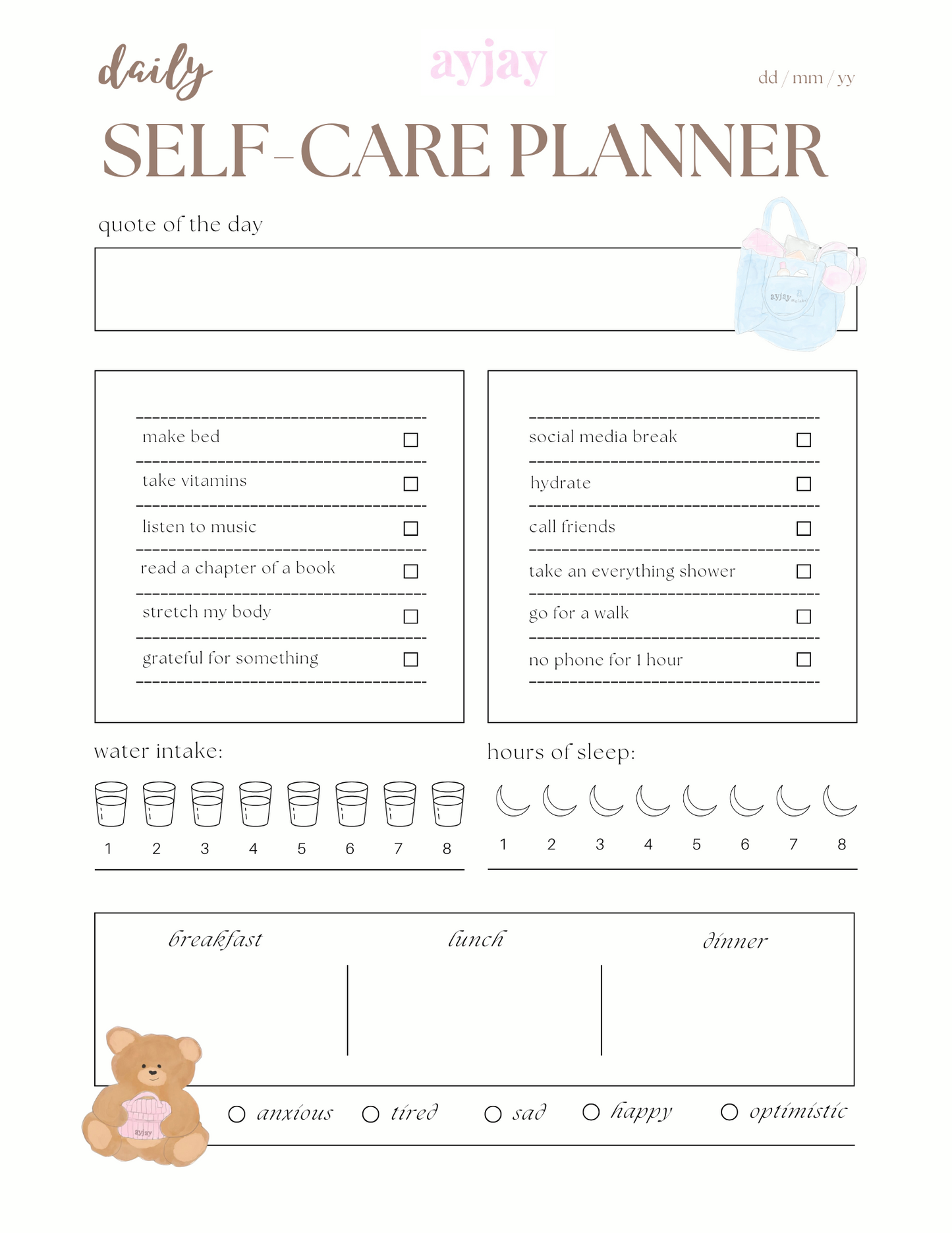 AYJAY DAILY SELF-CARE PLANNER