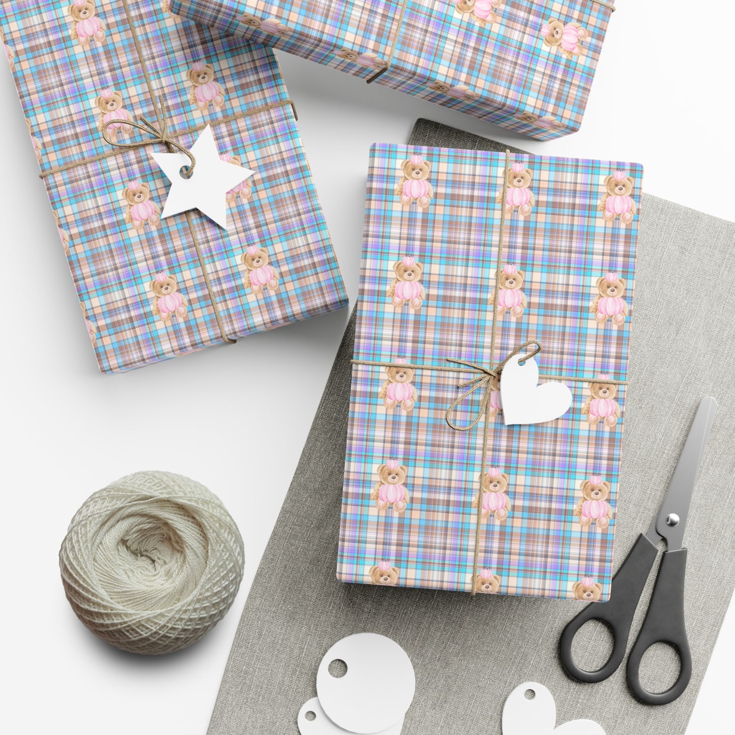 BLUE GREEN CHECKERED TEDDY BEAR WRAPPING PAPER ROLL