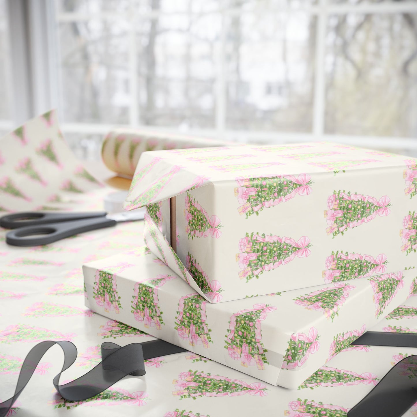 PINK BOW CHRISTMAS TREE WRAPPING PAPER ROLL