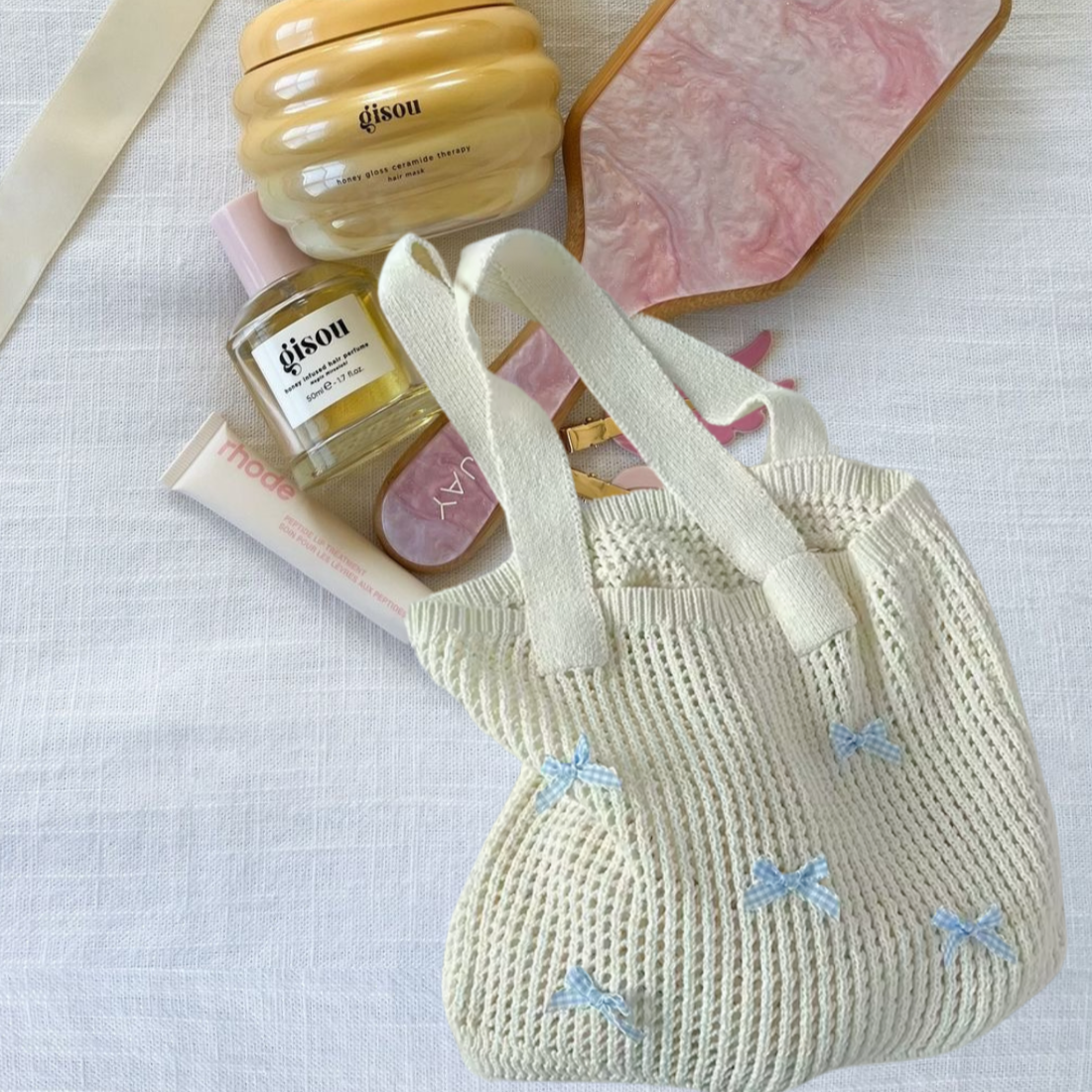 CROCHET BLUE BOW TOTE BAG