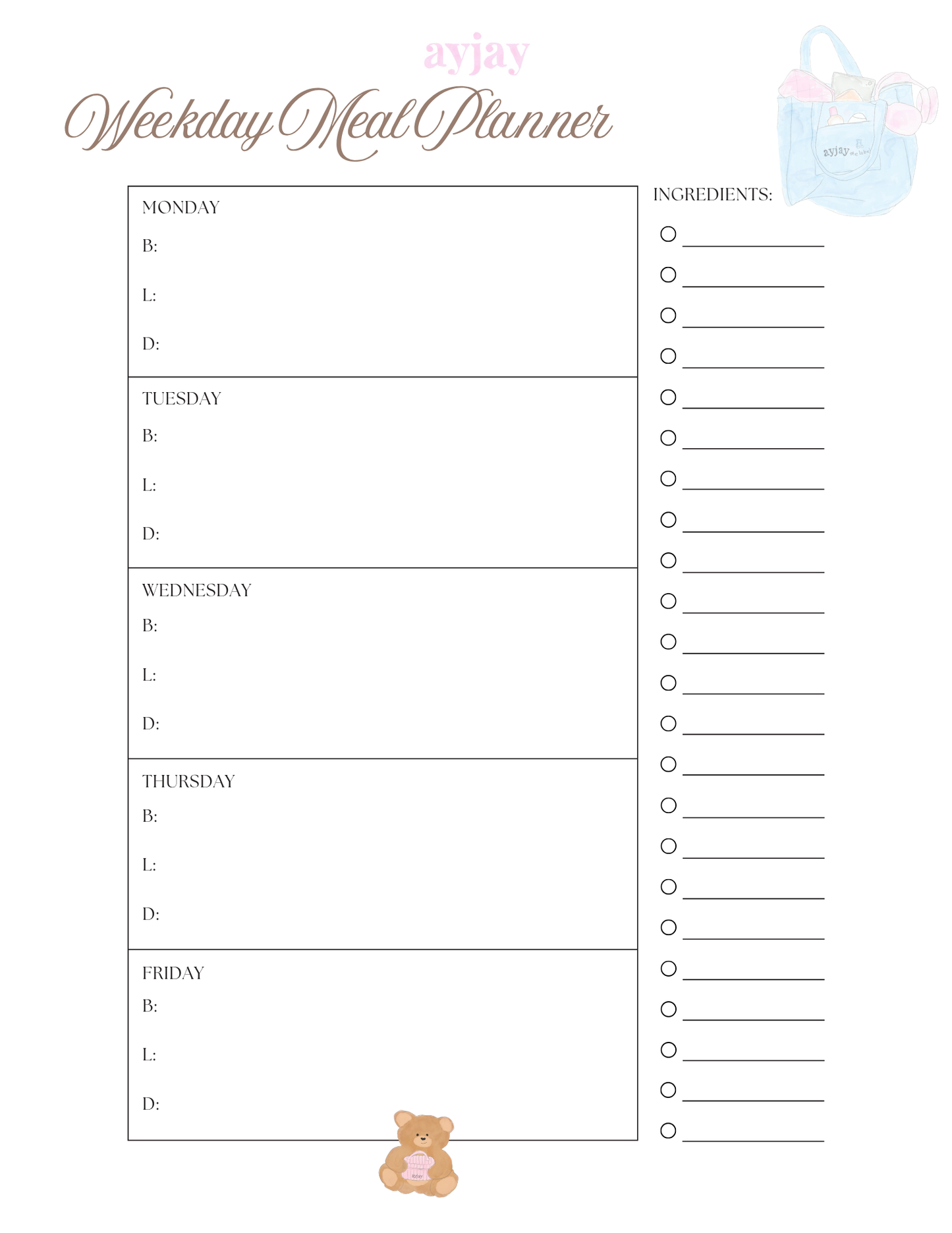 AYJAY WEEKDAY MEAL PLANNER