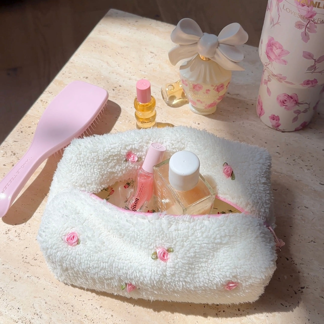 LIMITED EDITION CREAM ROSEBUDS MAKEUP BAG