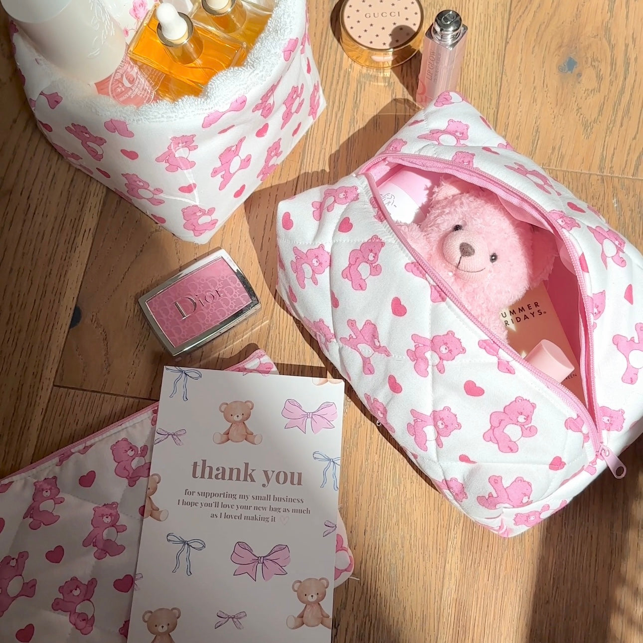 PINK HEART BEARS MAKEUP BAG