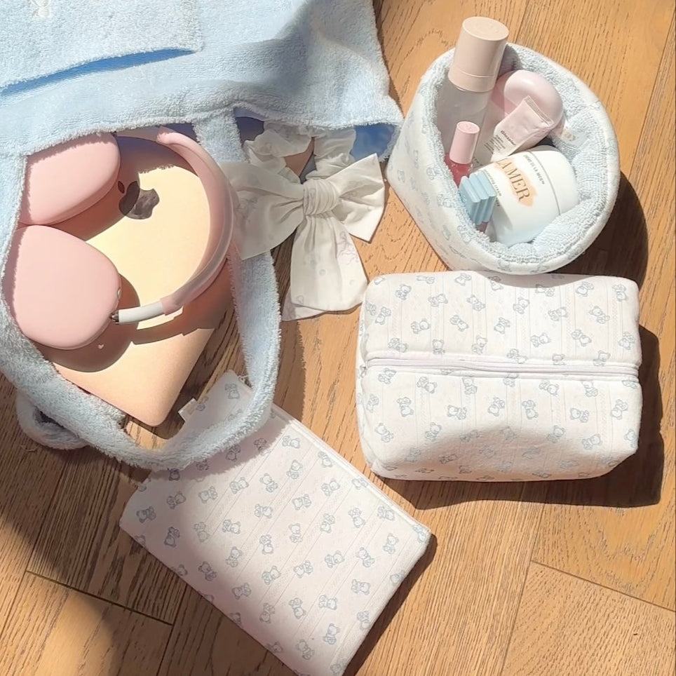 WHITE BABY BLUE TEDDY BEAR MAKEUP BAG