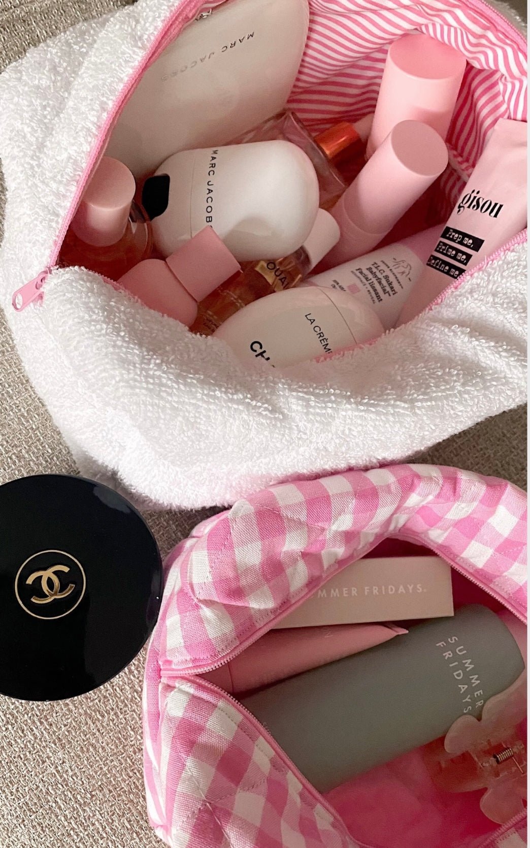 WHITE TEDDY PINK STRIPES MAKEUP BAG