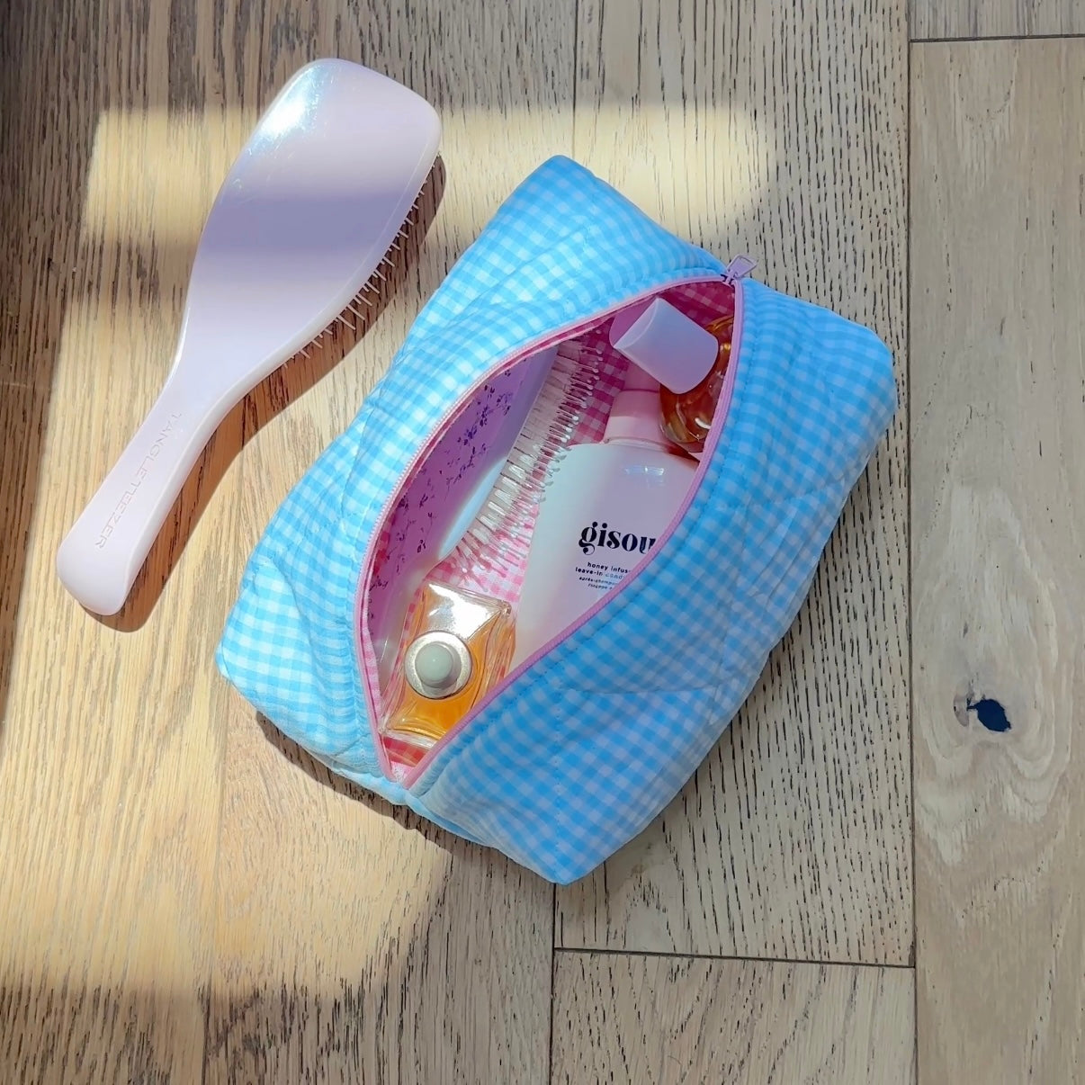 BLUE GINGHAM MAKEUP BAG