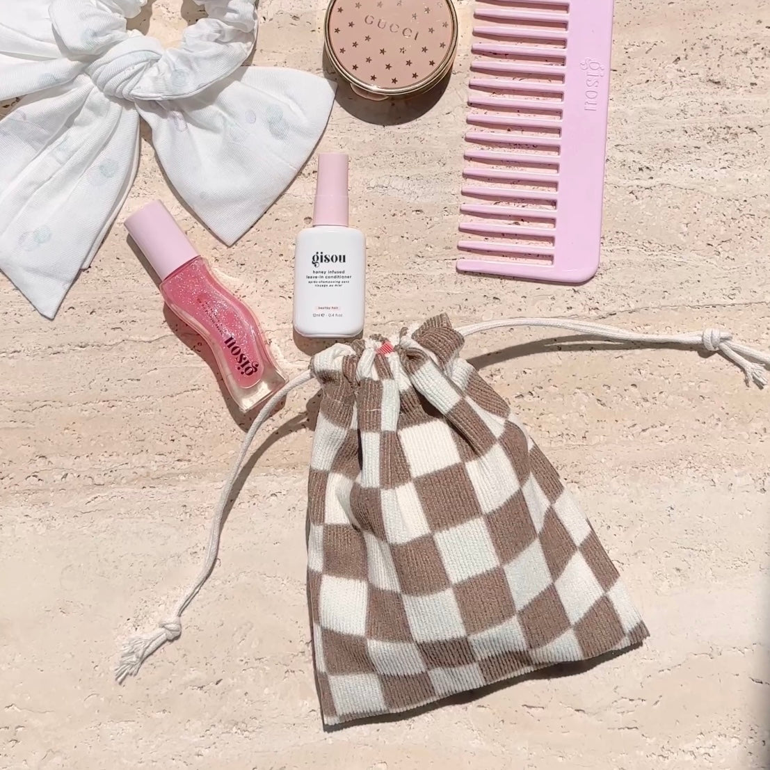 BROWN GINGHAM MINI DRAWSTRING BAG-AYJAY