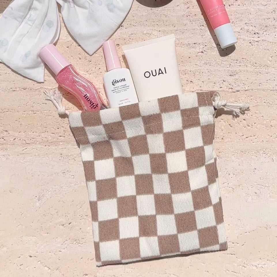 BROWN GINGHAM MINI DRAWSTRING BAG-AYJAY
