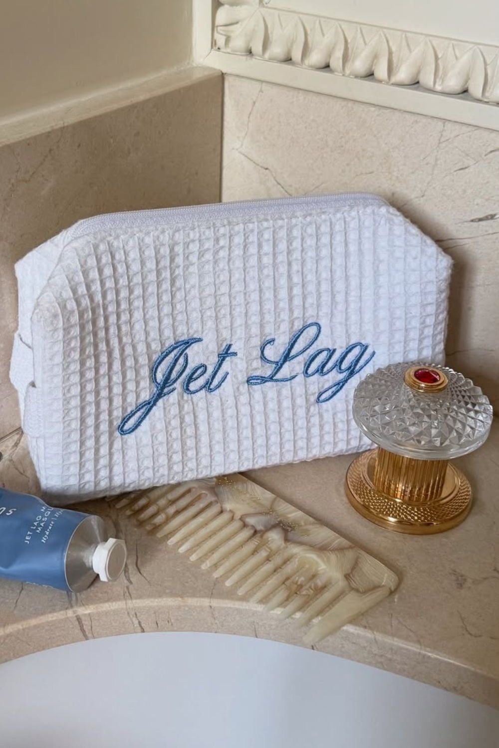 WHITE WAFFLE KNIT BLUE PERSONALIZED NAME BAG