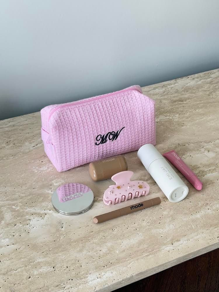 PINK WAFFLE KNIT BLACK PERSONALIZED INITALS BAG