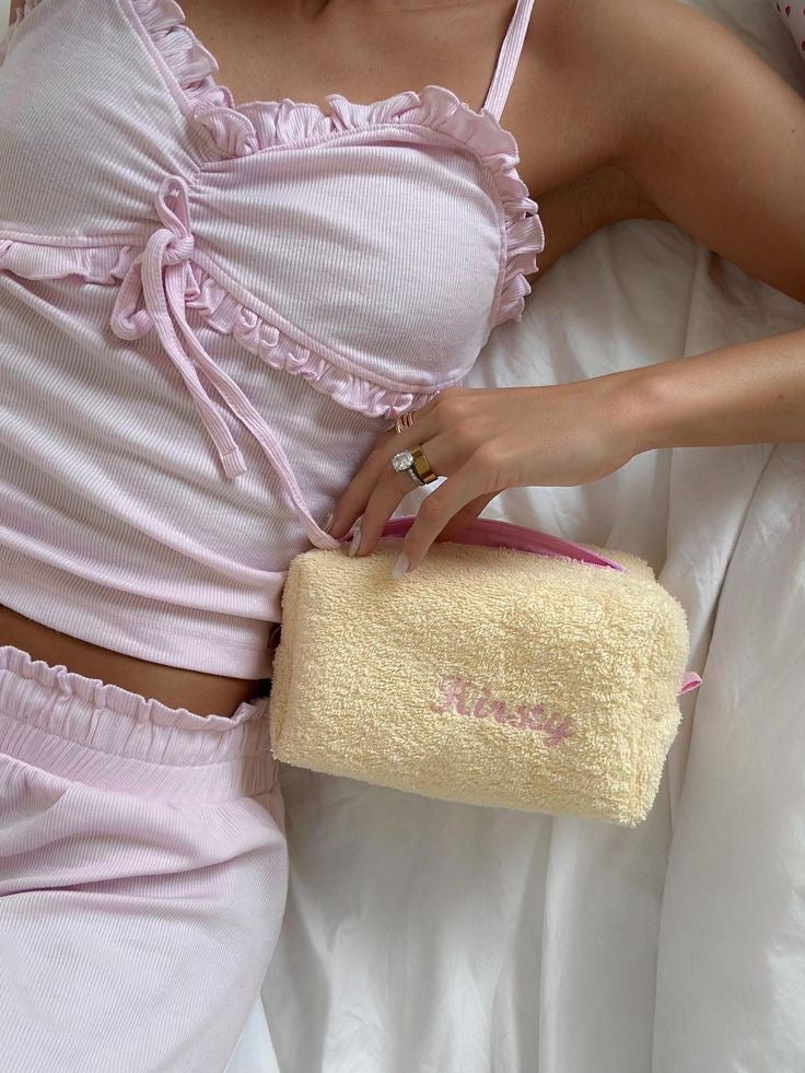 YELLOW TEDDY PINK NAME BAG