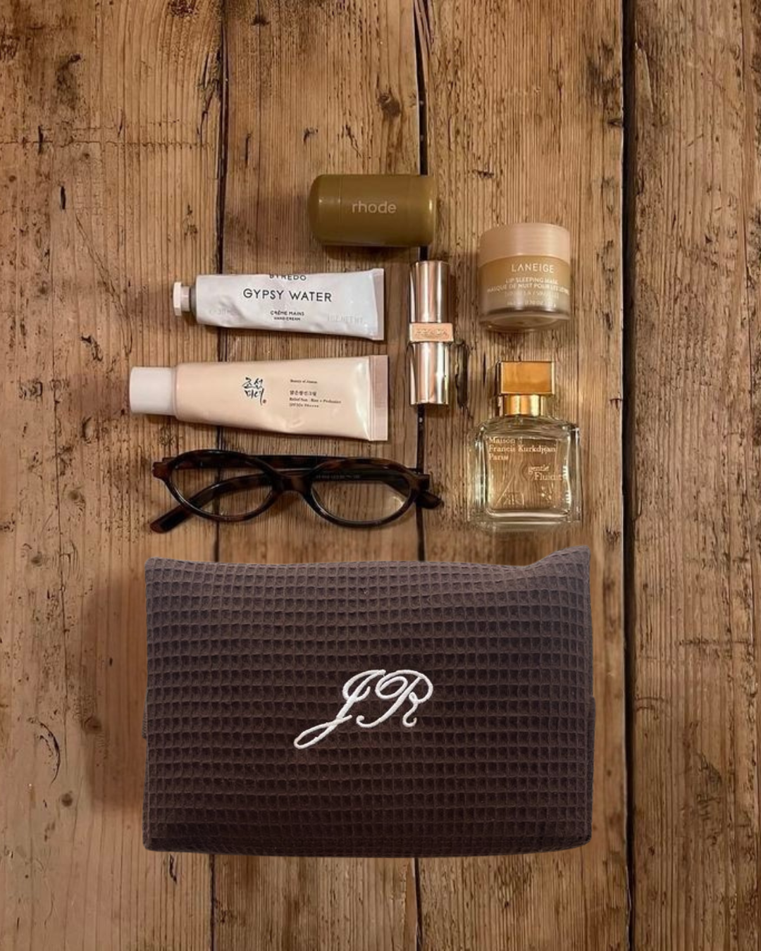BROWN WAFFLE KNIT WHITE PERSONALIZED NAME BAG