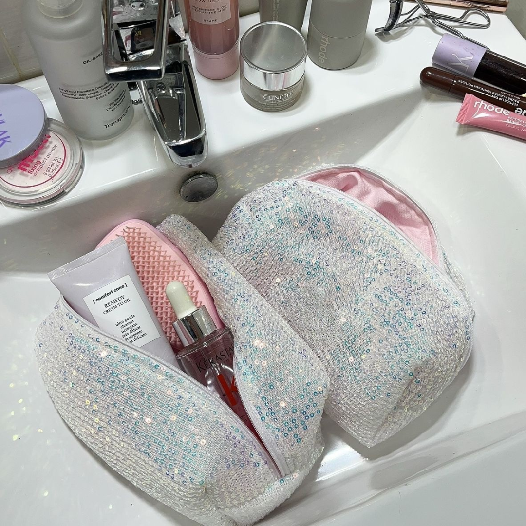 LIMITED EDITION SILVER & BLUE SPARKLE MAKEUP BAG