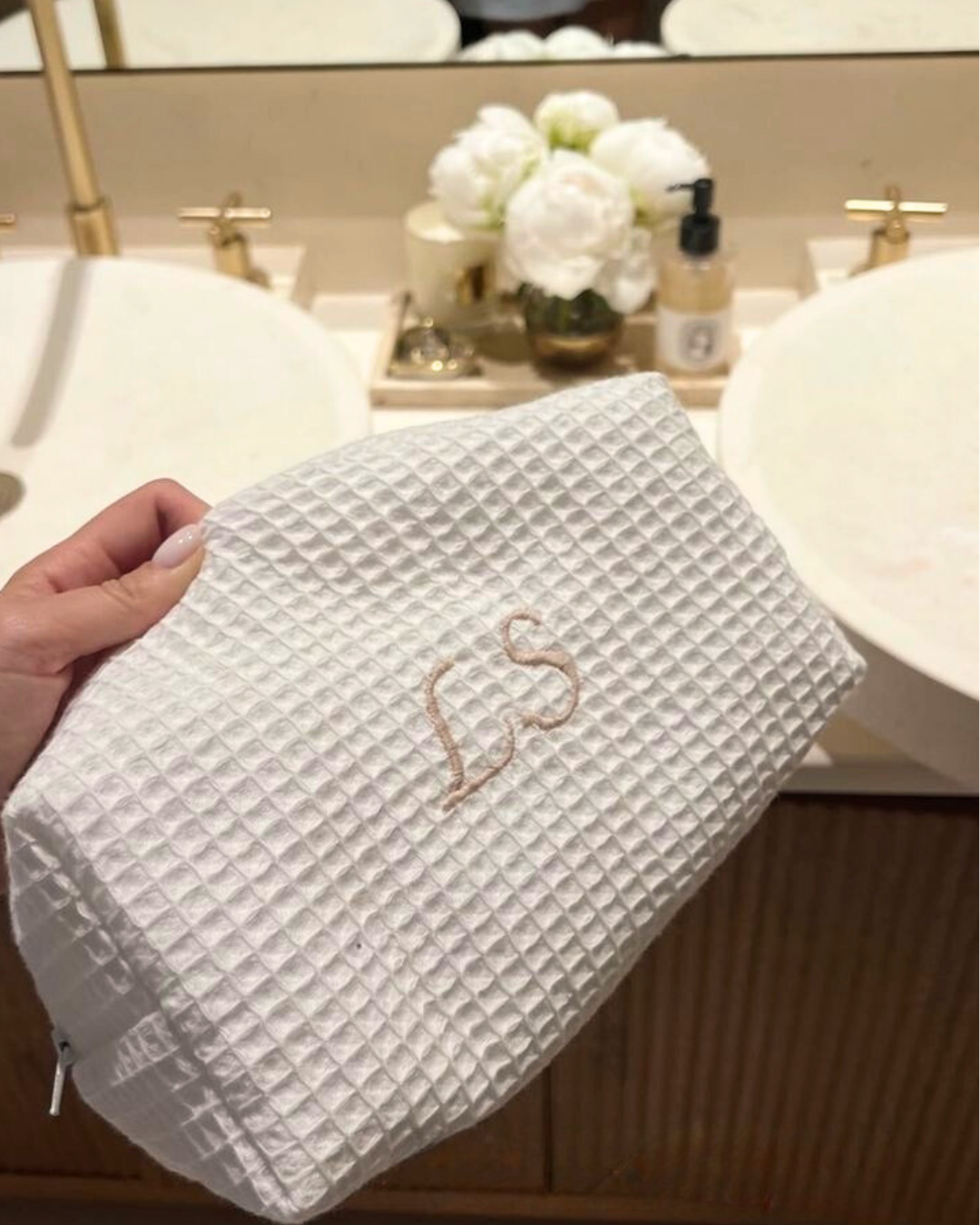 WHITE WAFFLE KNIT BEIGE CUSTOM BAG