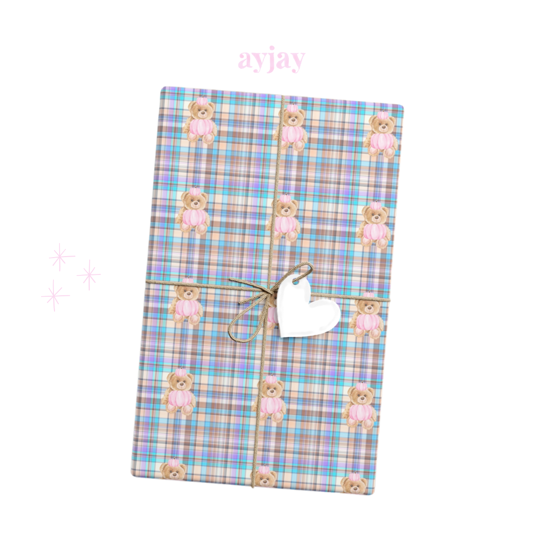 BLUE GREEN CHECKERED TEDDY BEAR WRAPPING PAPER ROLL