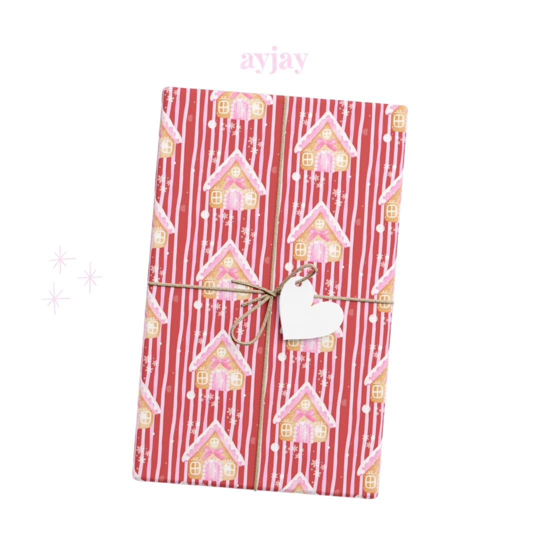 RED & PINK STRIPES GINGERBREAD HOUSE WRAPPING PAPER ROLL