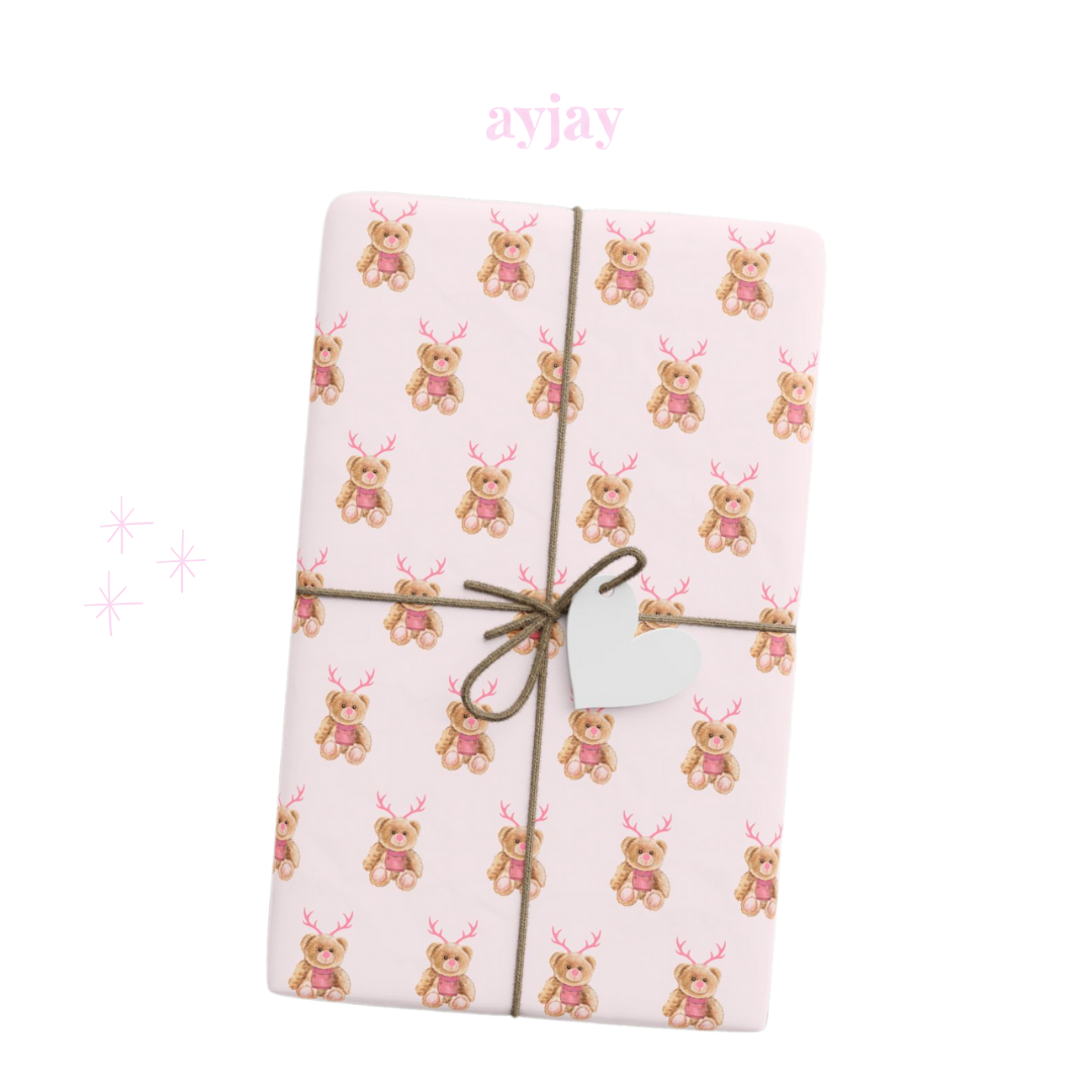 PINK REINDEER TEDDY BEAR WRAPPING PAPER ROLL