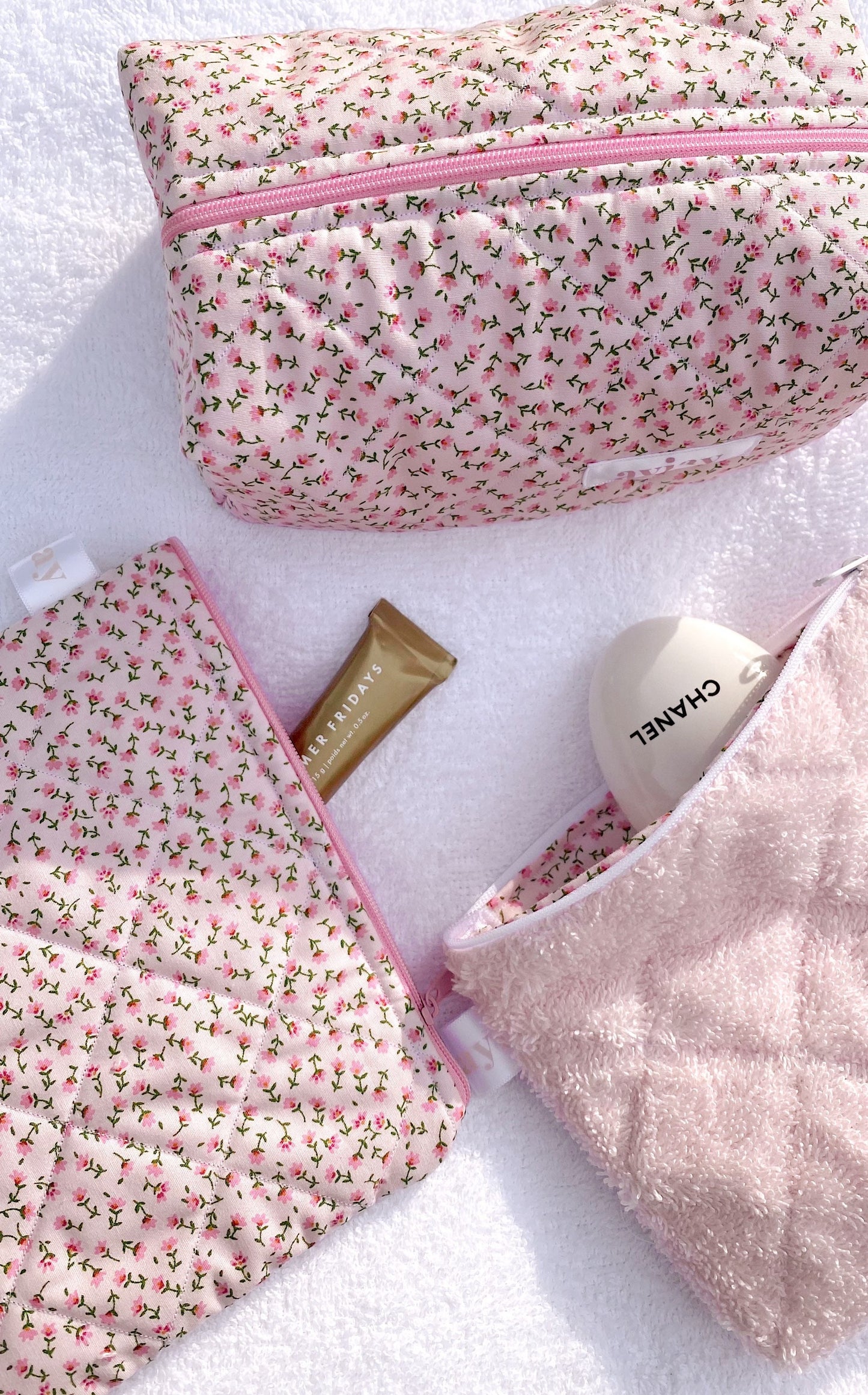 Pink Makeup Bag Terrycloth Purse Pouch Floral