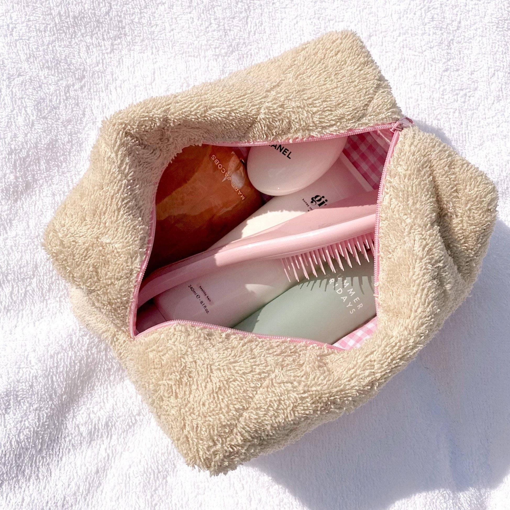 BEIGE TERRYCLOTH PINK MAKE-UP TOILETRY TRAVEL BAG