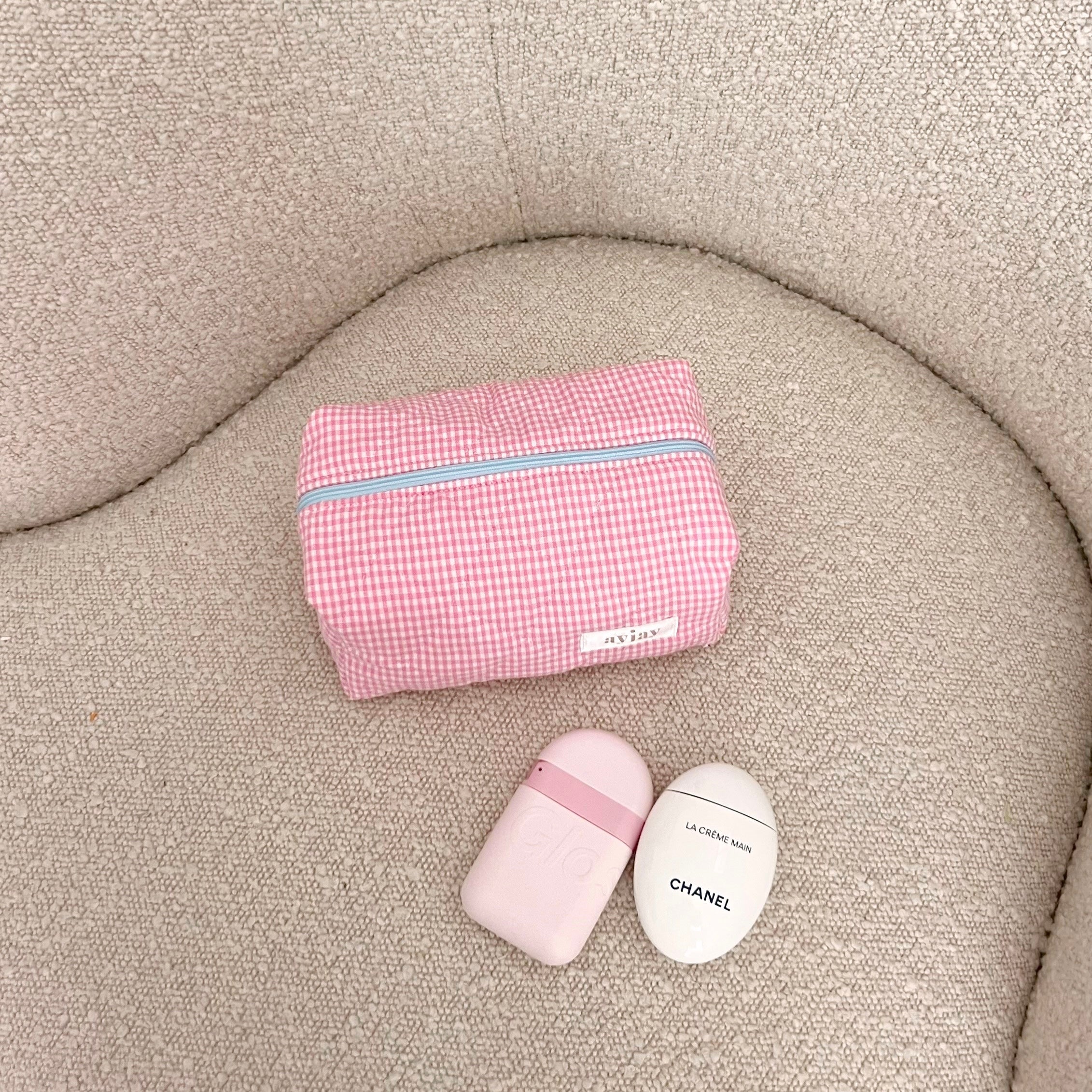 PINK GINGHAM FLORAL MAKE-UP BAG-AYJAY