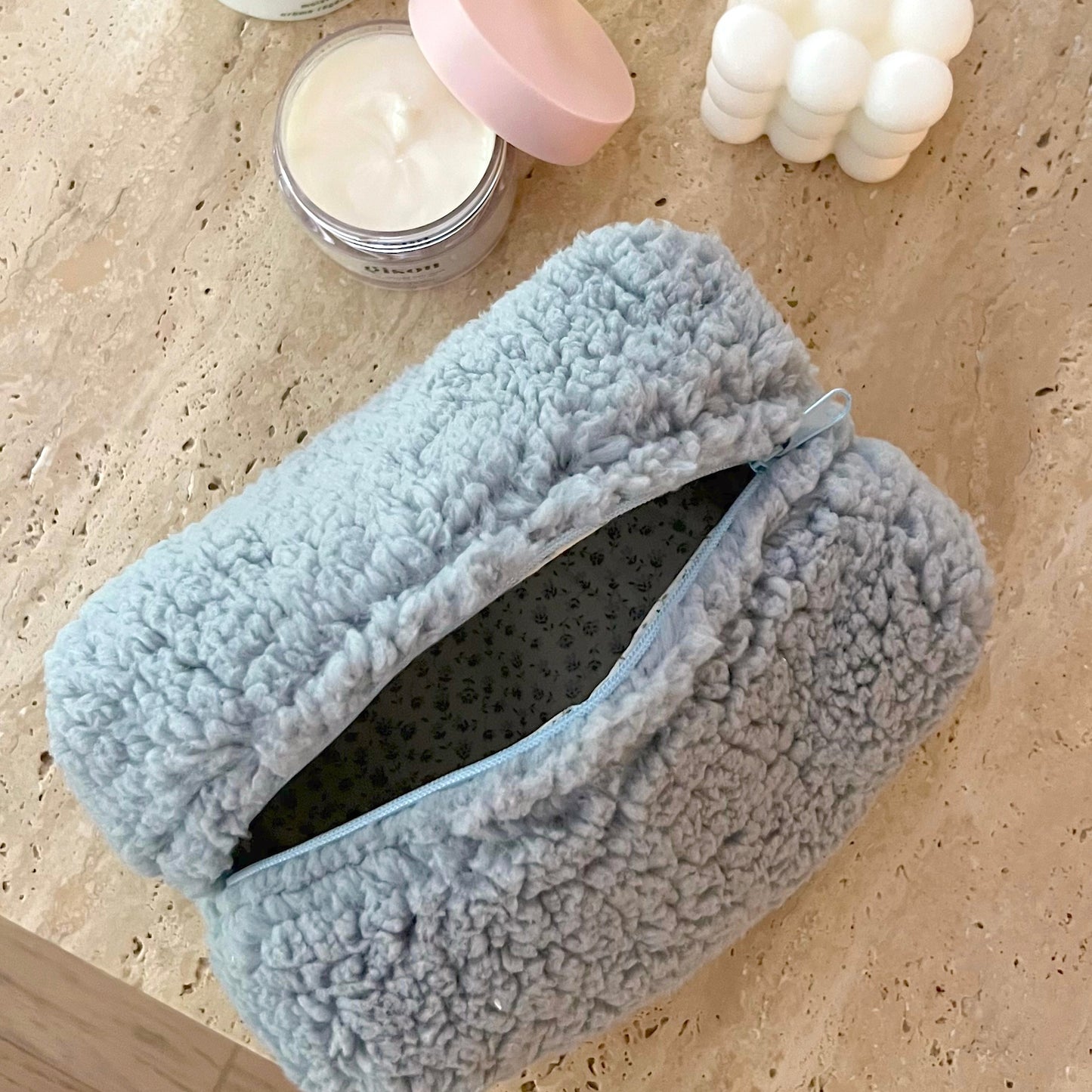 BLUE SOFT TERRYCLOTH SHERPA MAKEUP TRAVEL COSMETICS BAG