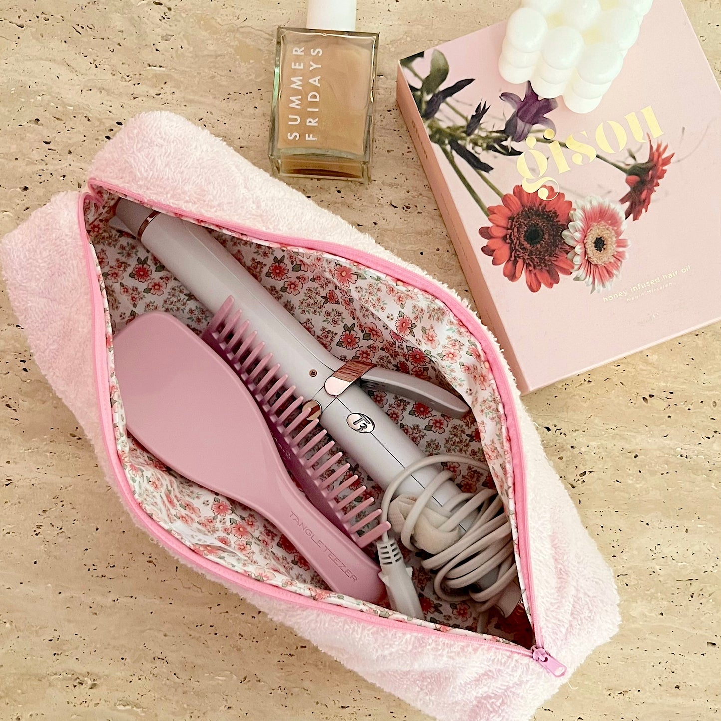 BABY PINK TEDDY CREAM HAIRTOOL BAG-AYJAY