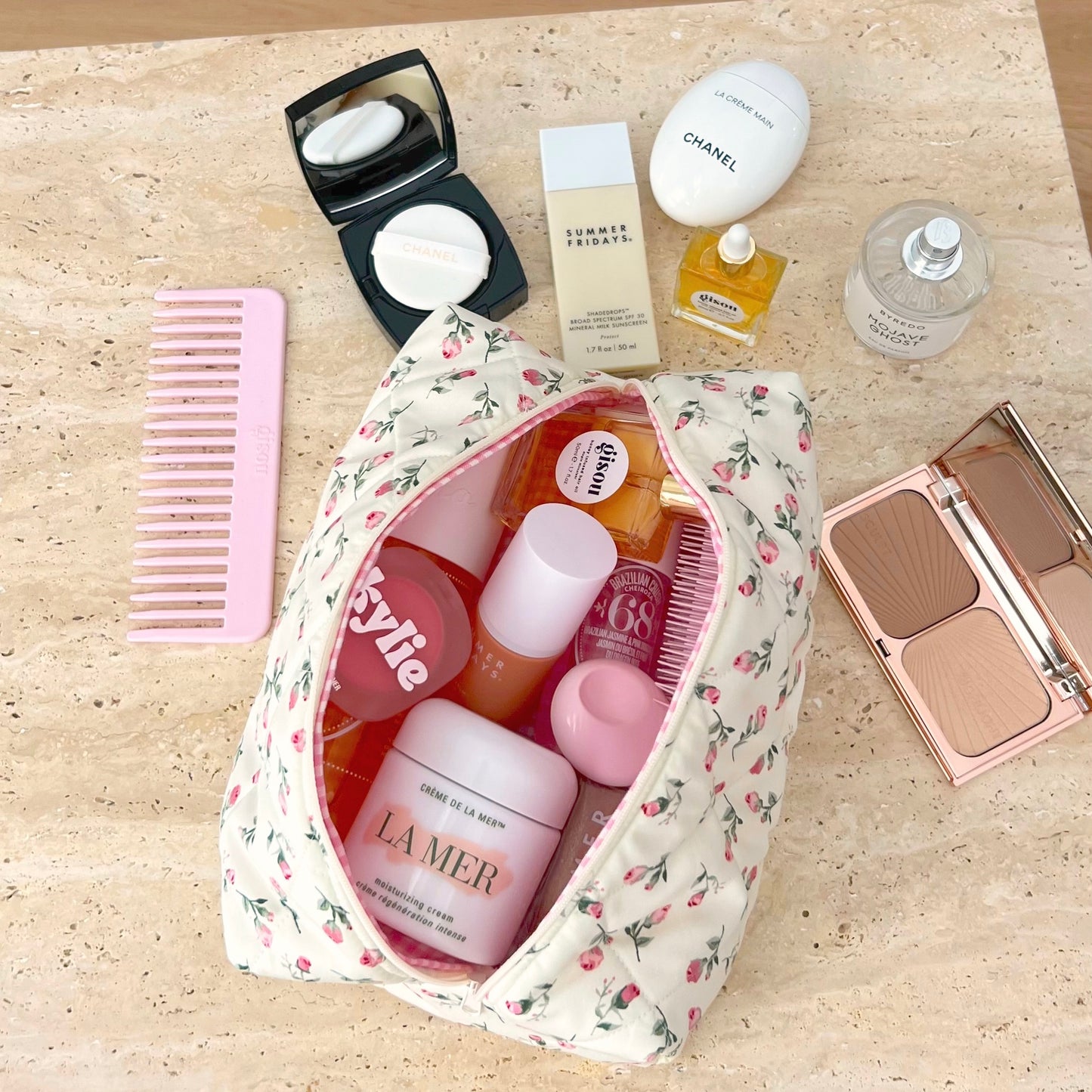 NEUTRAL PINK ROSES FLORAL MAKEUP TOILETRY BAG
