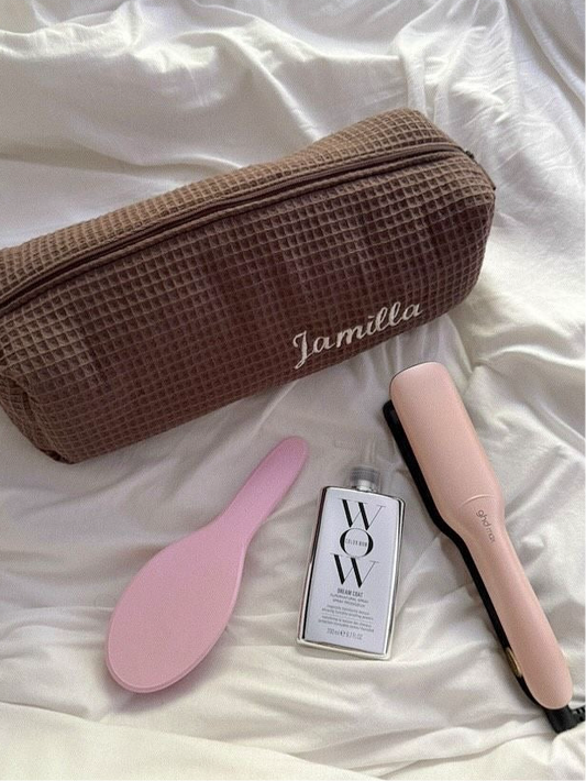 BROWN WAFFLE KNIT HAIRTOOL BAG PERSONALIZED