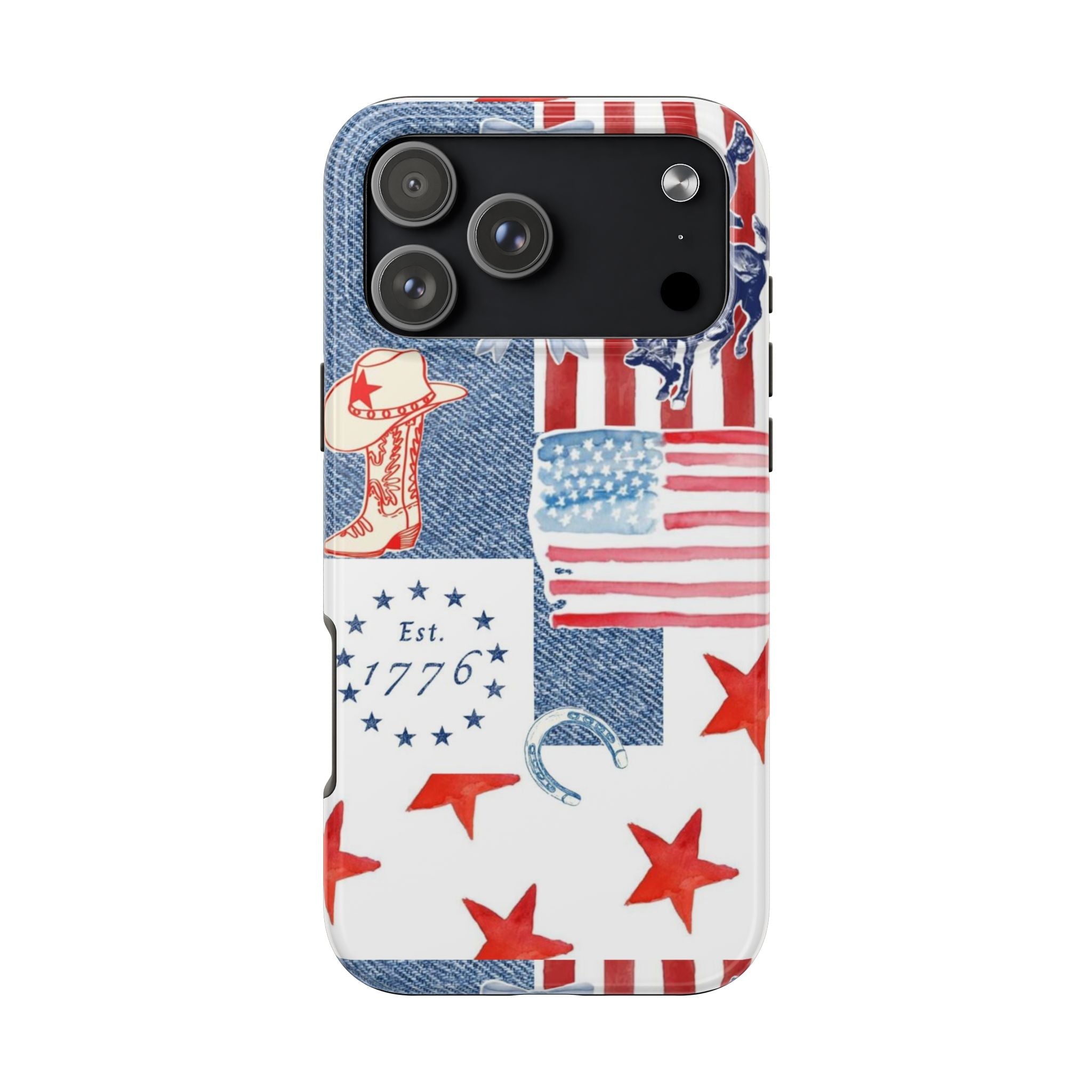 Americana summer phone case with patriotic denim blocks, stars, horseshoe, and “Est. 1776”