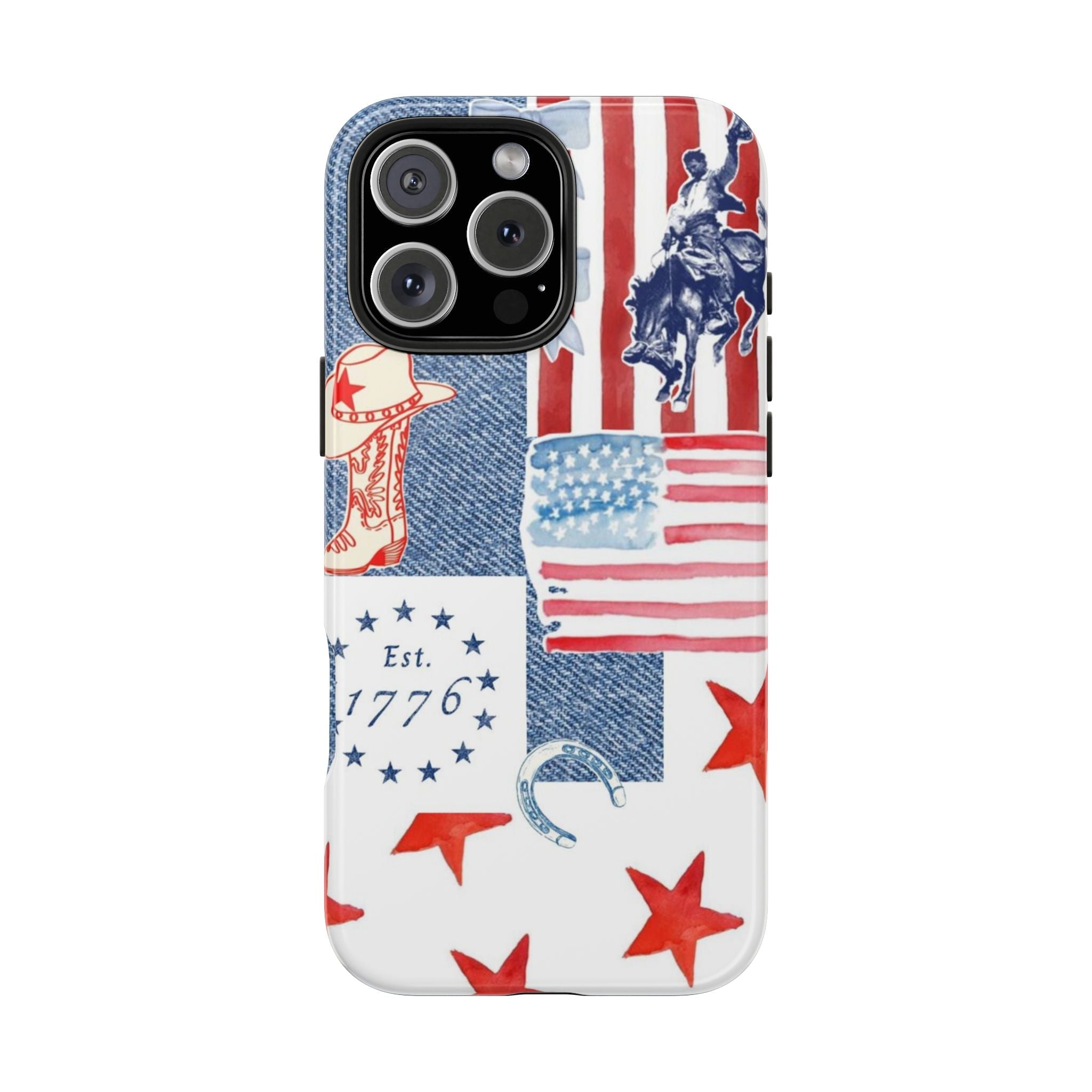 Americana summer phone case with denim panels, red/white stripes, stars, and “Est. 1776”