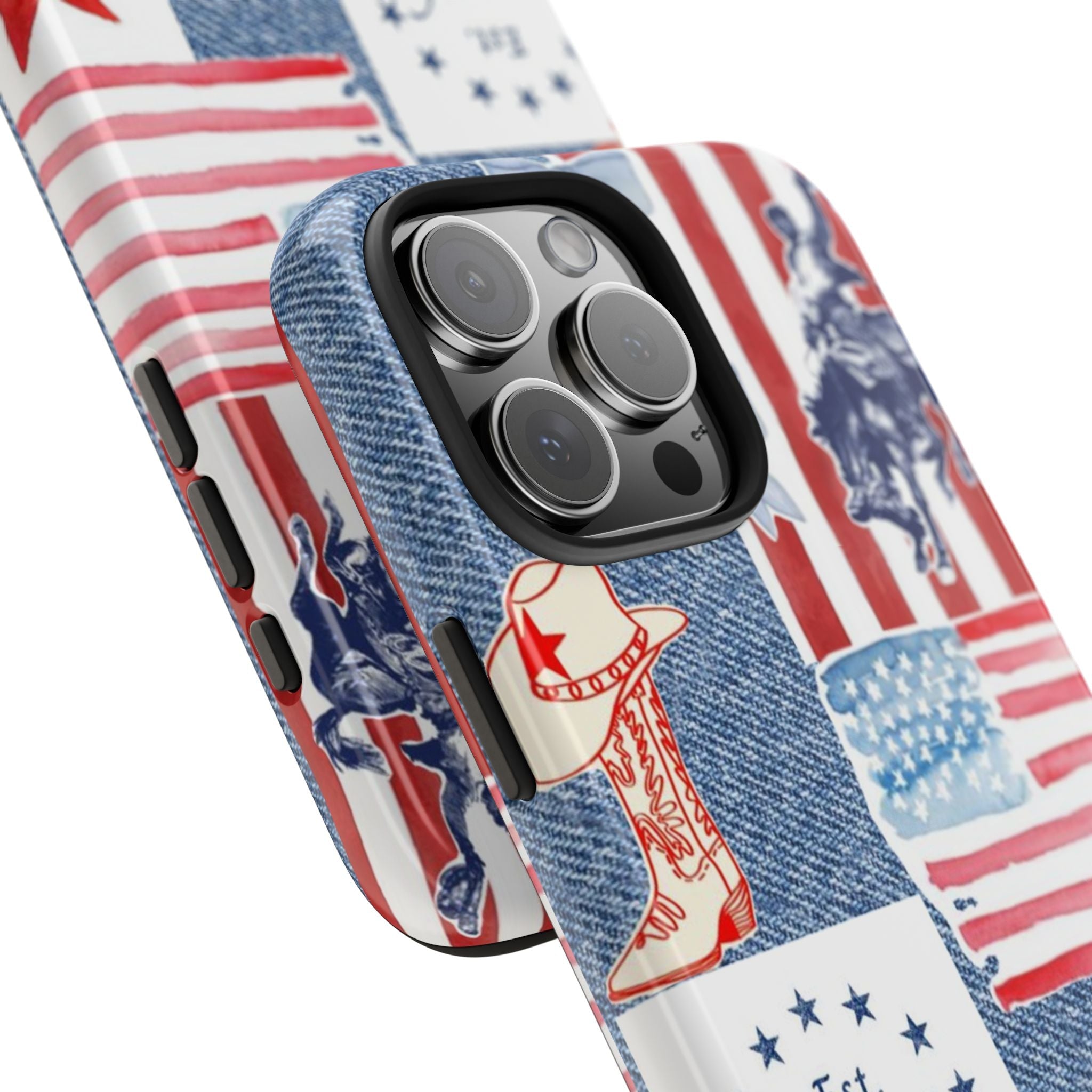 Americana denim phone case, angled view with camera cutout and patriotic stripe-and-star design