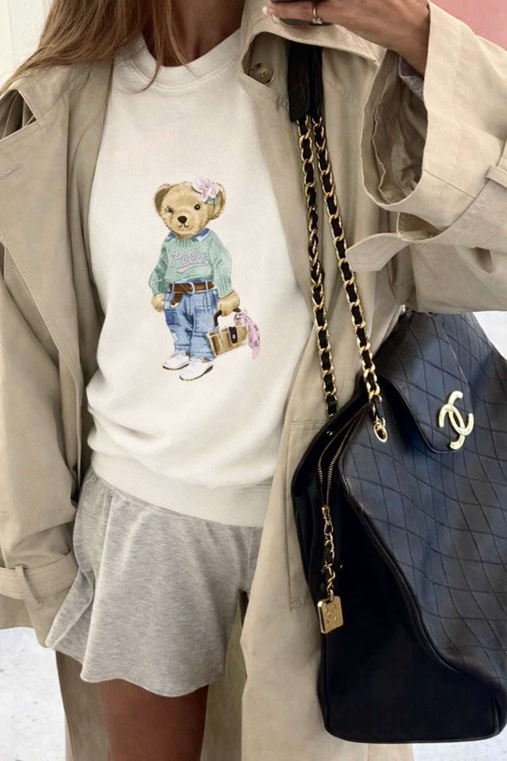 WHITE RL TEDDY BEAR COZY CLUB CREWNECK