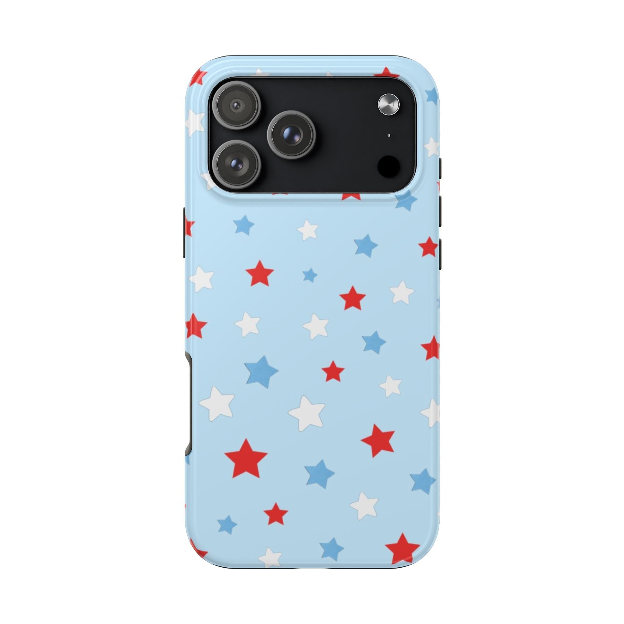Light blue phone case with red, white, and blue star pattern, cutouts for camera and ports