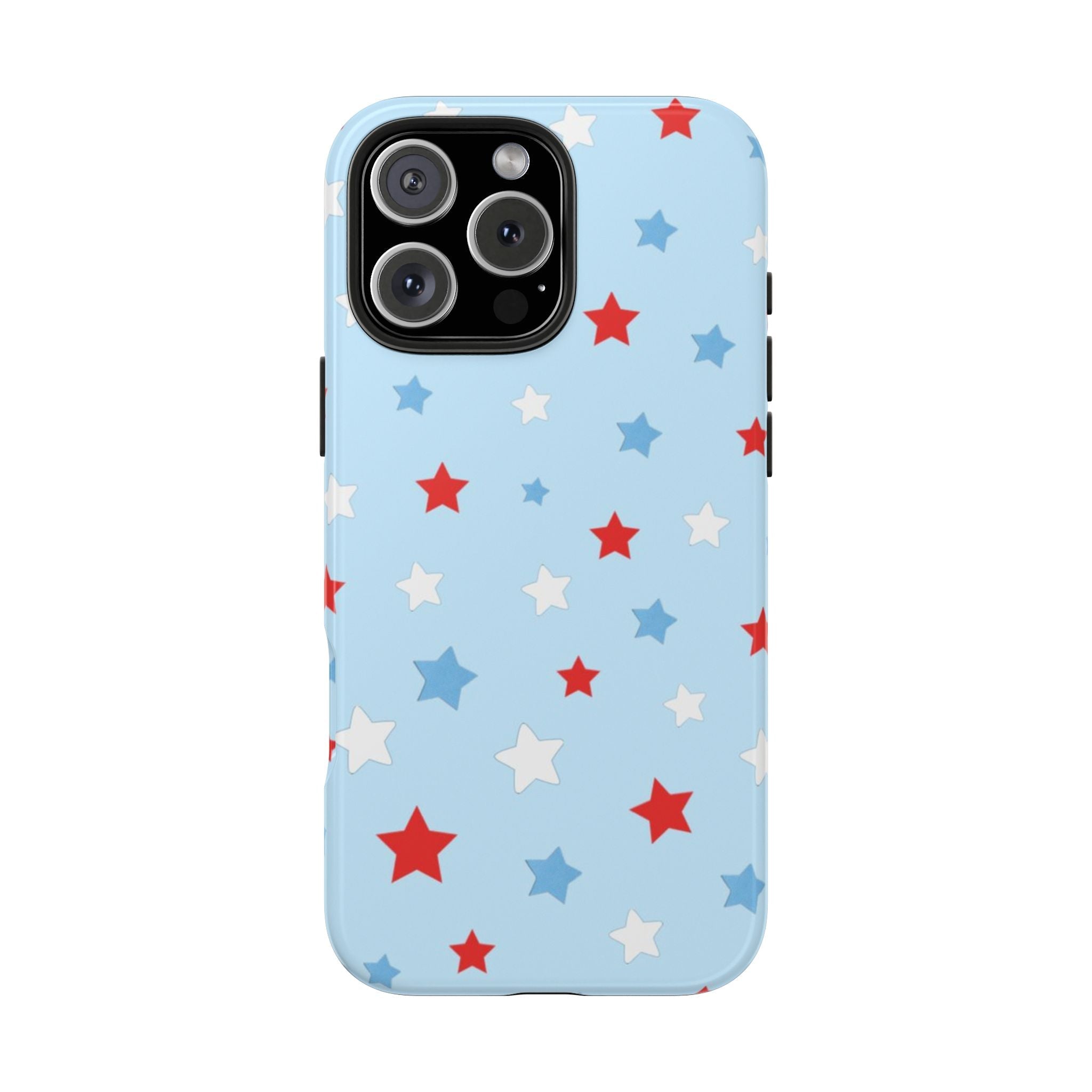 Light blue phone case with scattered stars in red, white, and blue; full front cover view