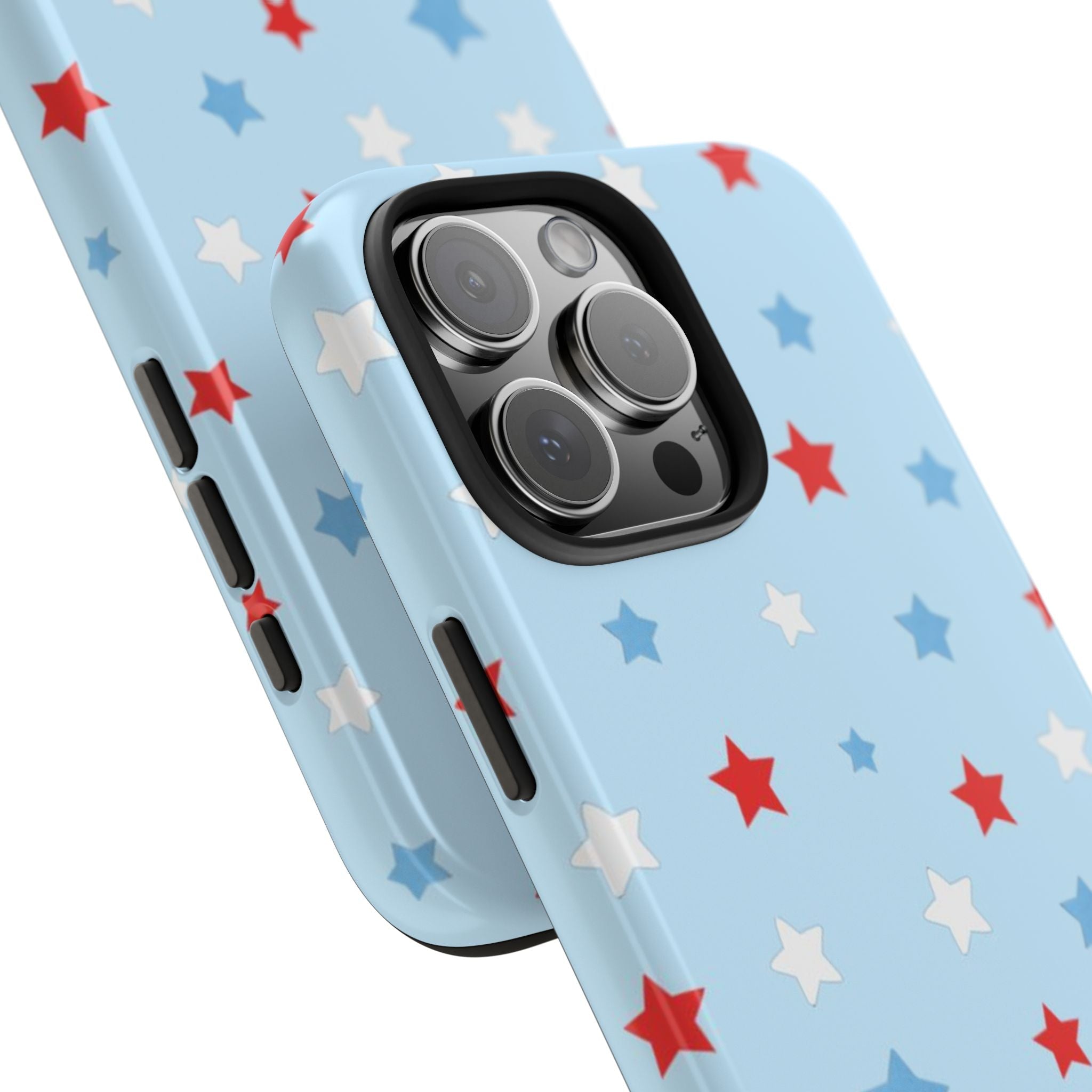 Light blue star phone case, side buttons and camera lens openings visible
