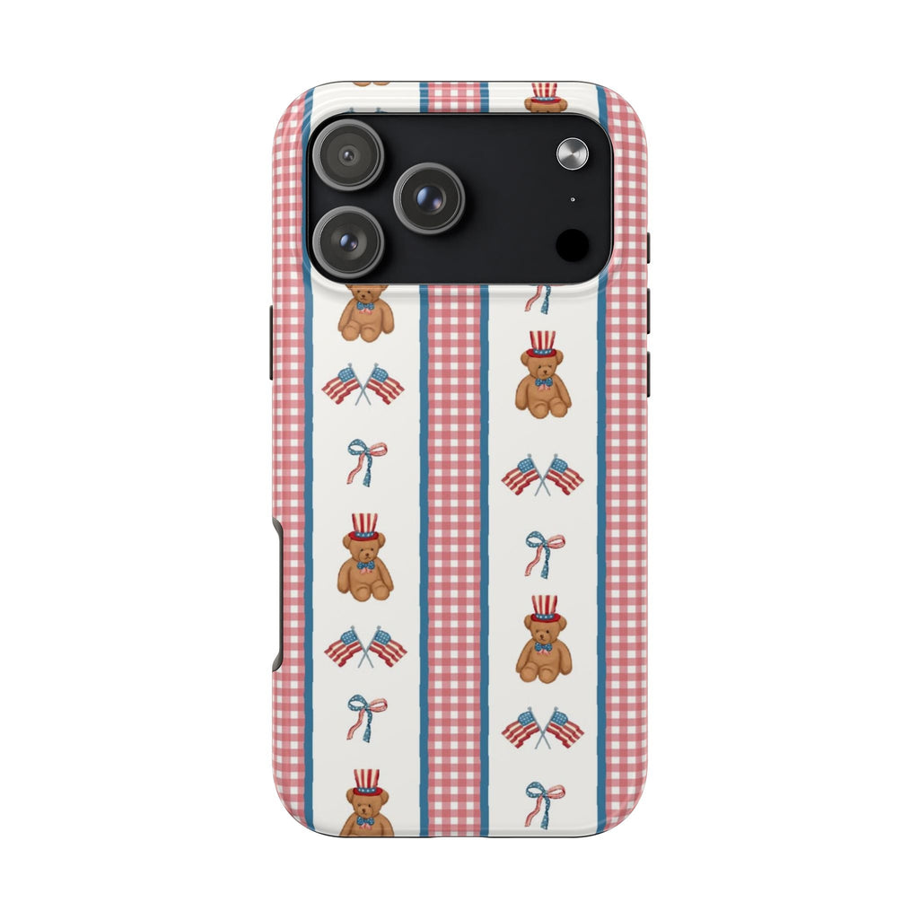 4th of July teddy bear phone case with blue red gingham stripes and teddy icons