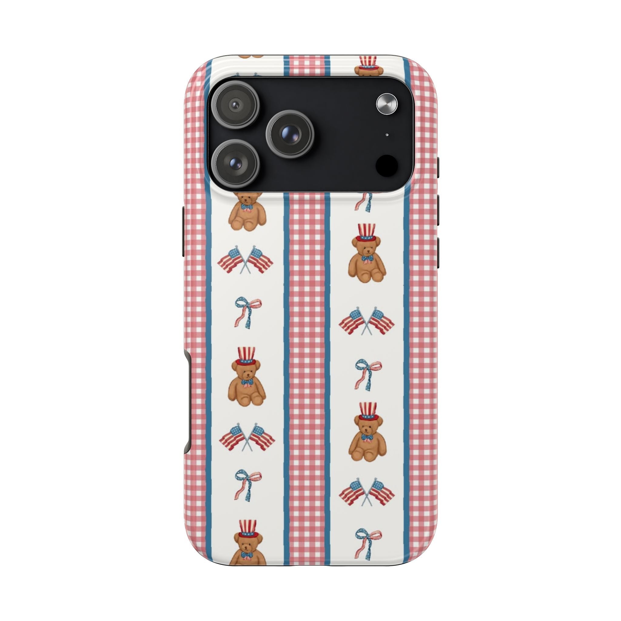 4th of July teddy bear phone case with blue red gingham stripes and teddy icons