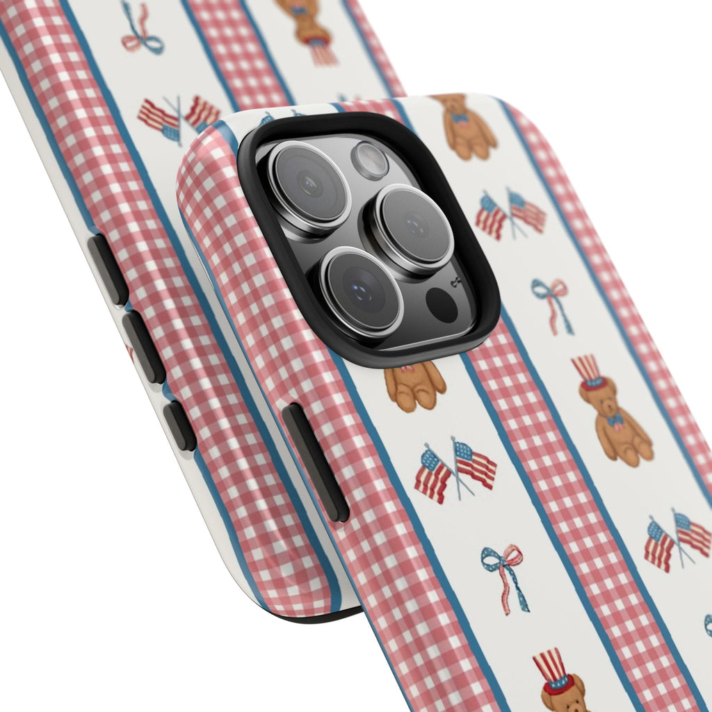 Side view of patriotic teddy bear phone case with red gingham stripe pattern