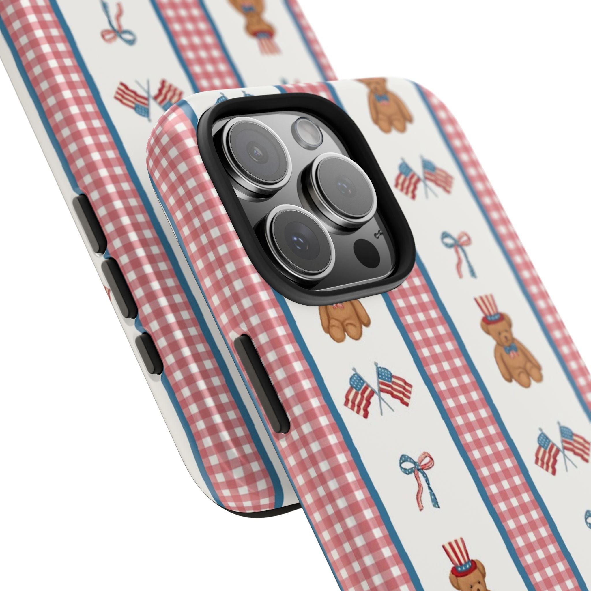 Side view of patriotic teddy bear phone case with red gingham stripe pattern
