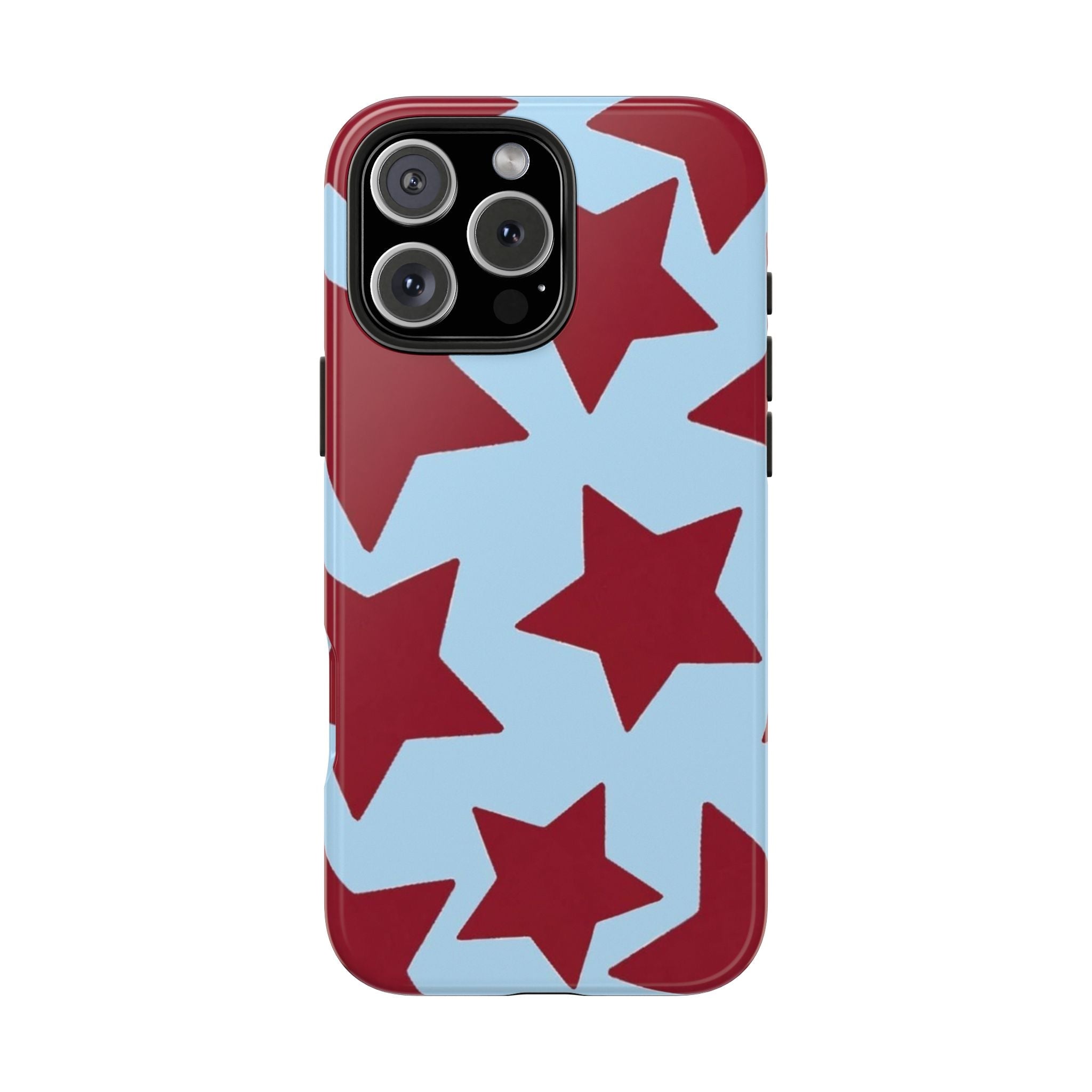 Red, white, and light blue star phone case with cutout camera opening