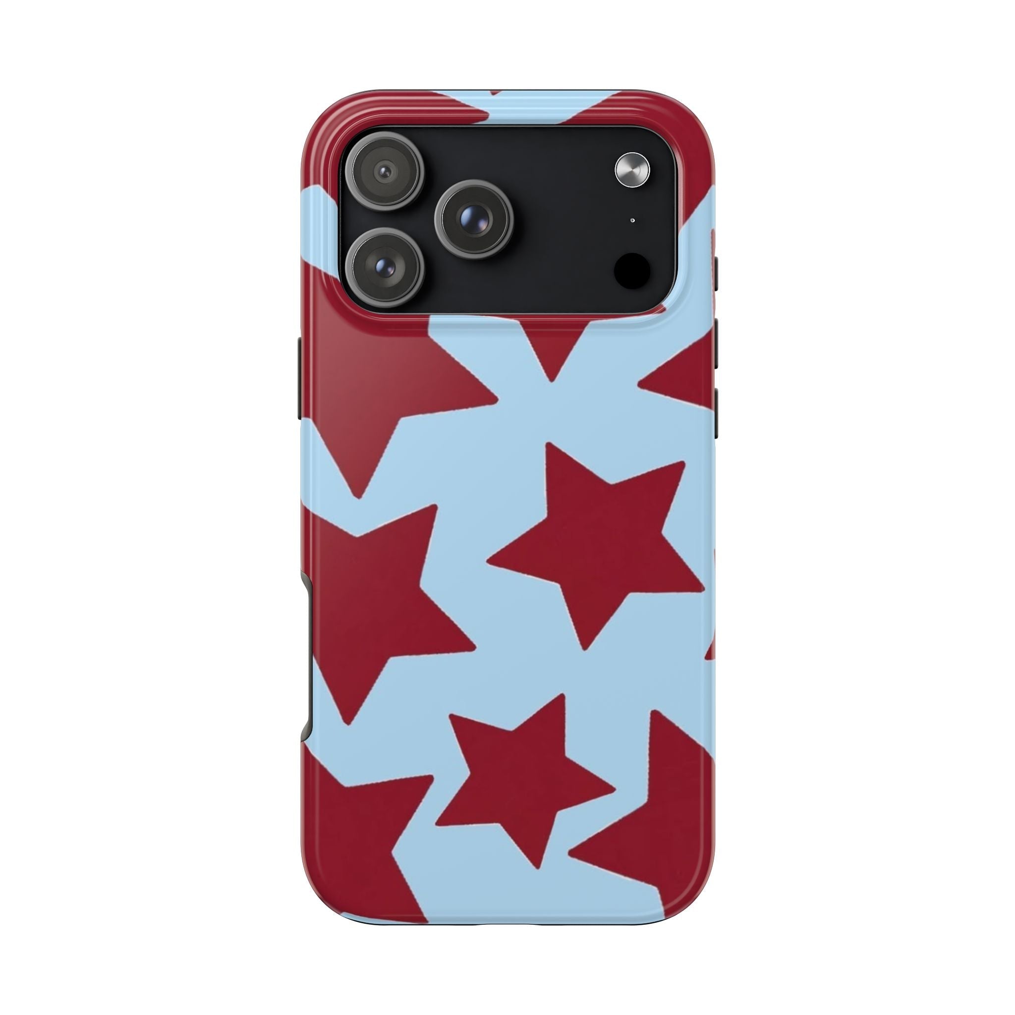 Red and light blue patriotic star phone case with camera lens cutouts