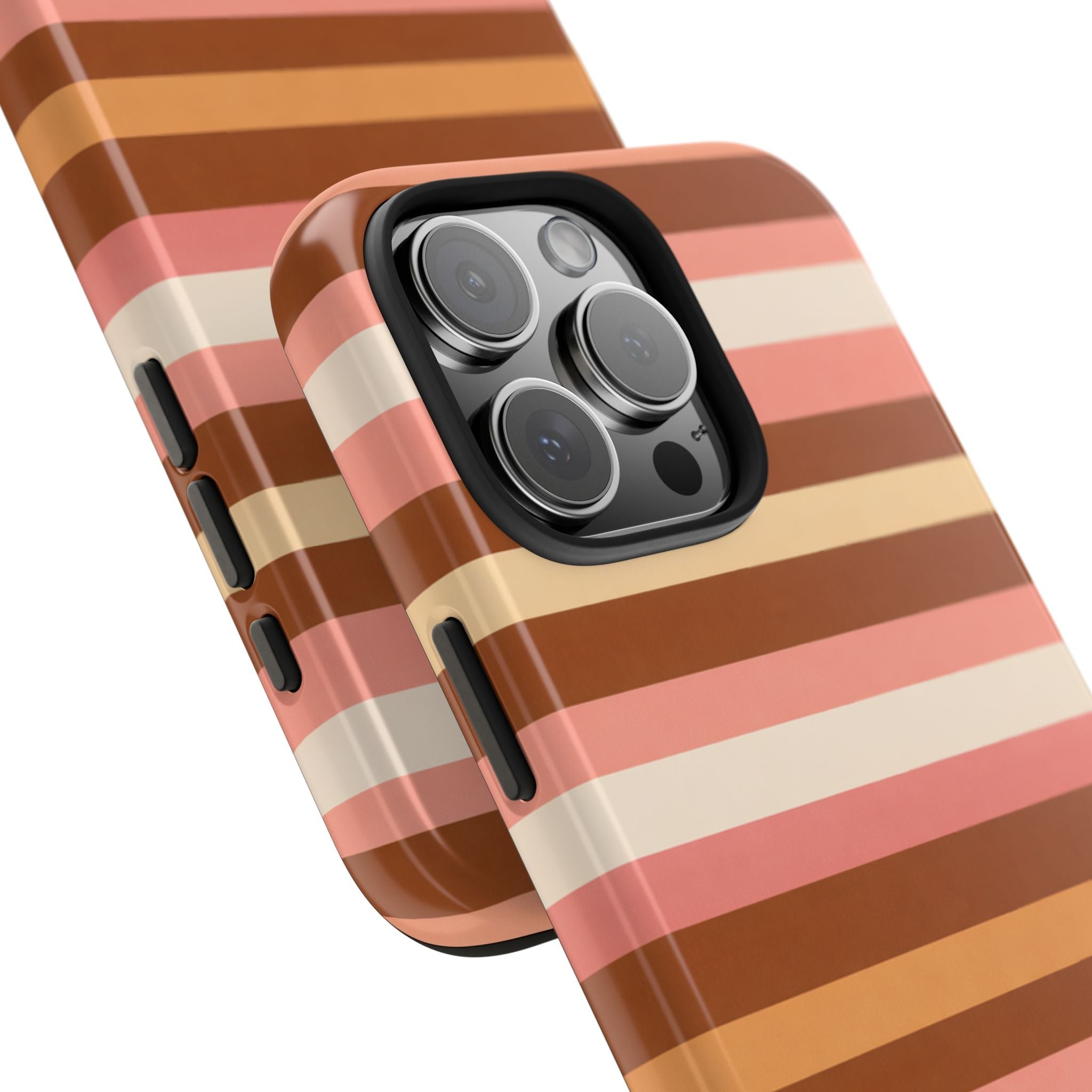 Pink tan & cream striped phone case with diagonal angle; camera lenses visible