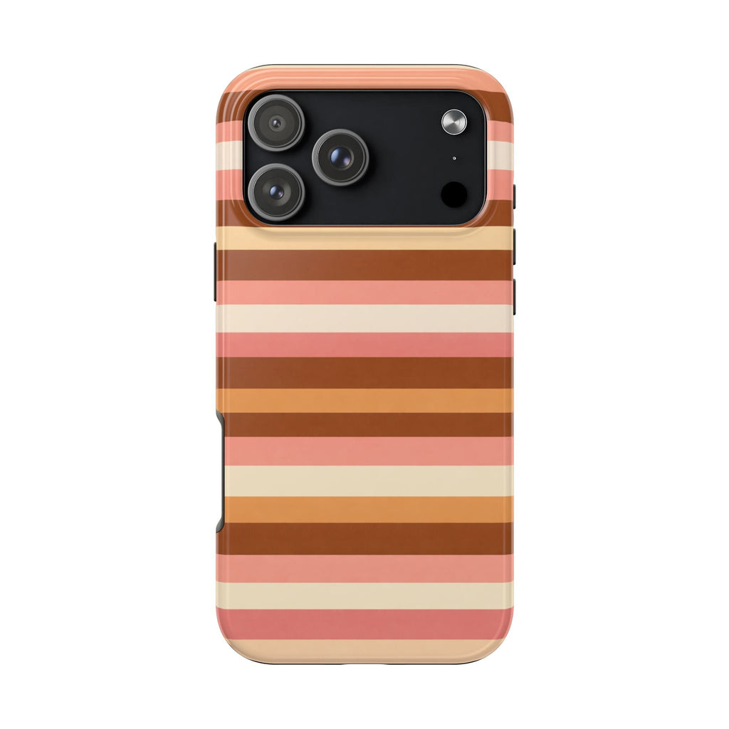 70s striped phone case in pink, tan & cream horizontal bands; camera cutouts
