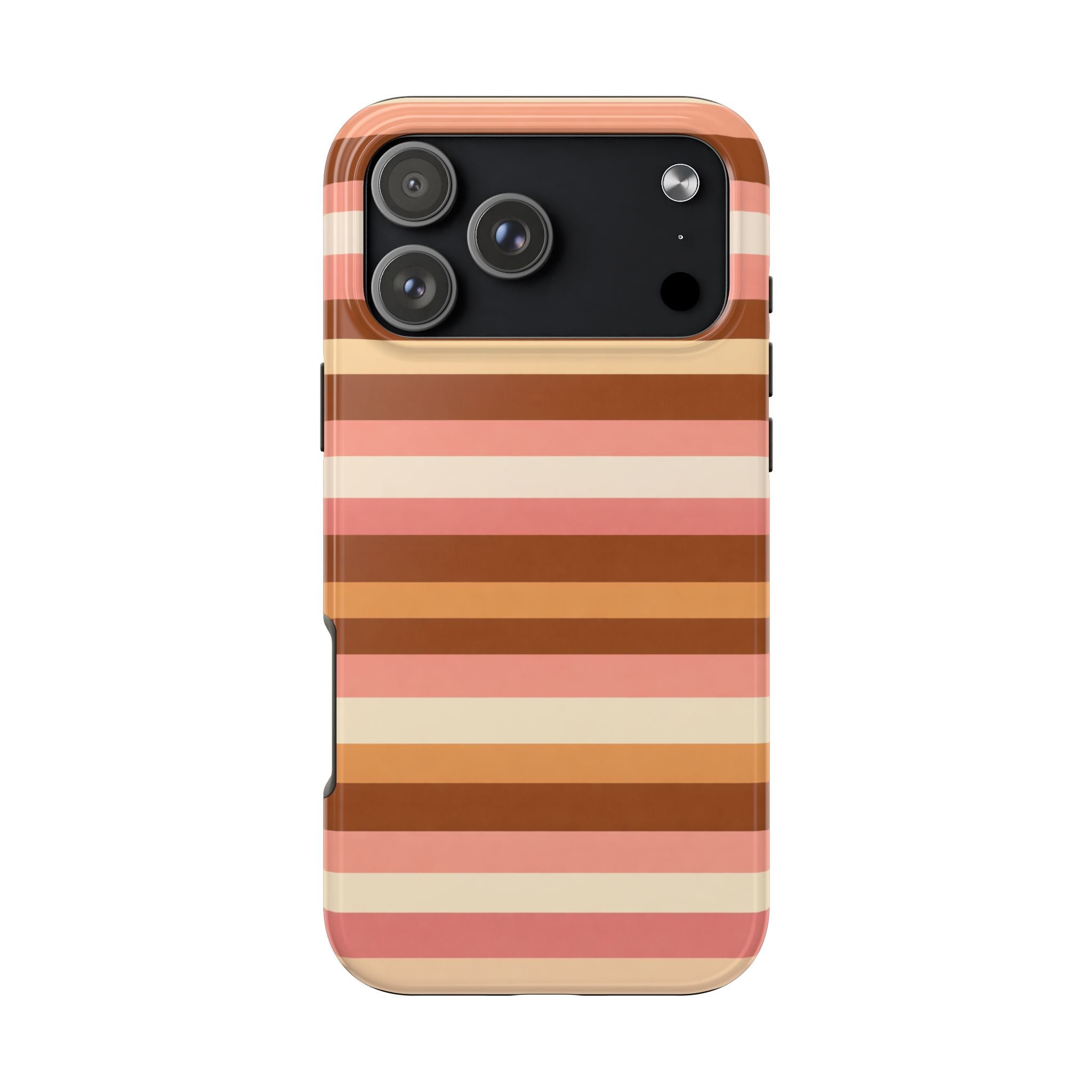 70s striped phone case in pink, tan & cream horizontal bands; camera cutouts
