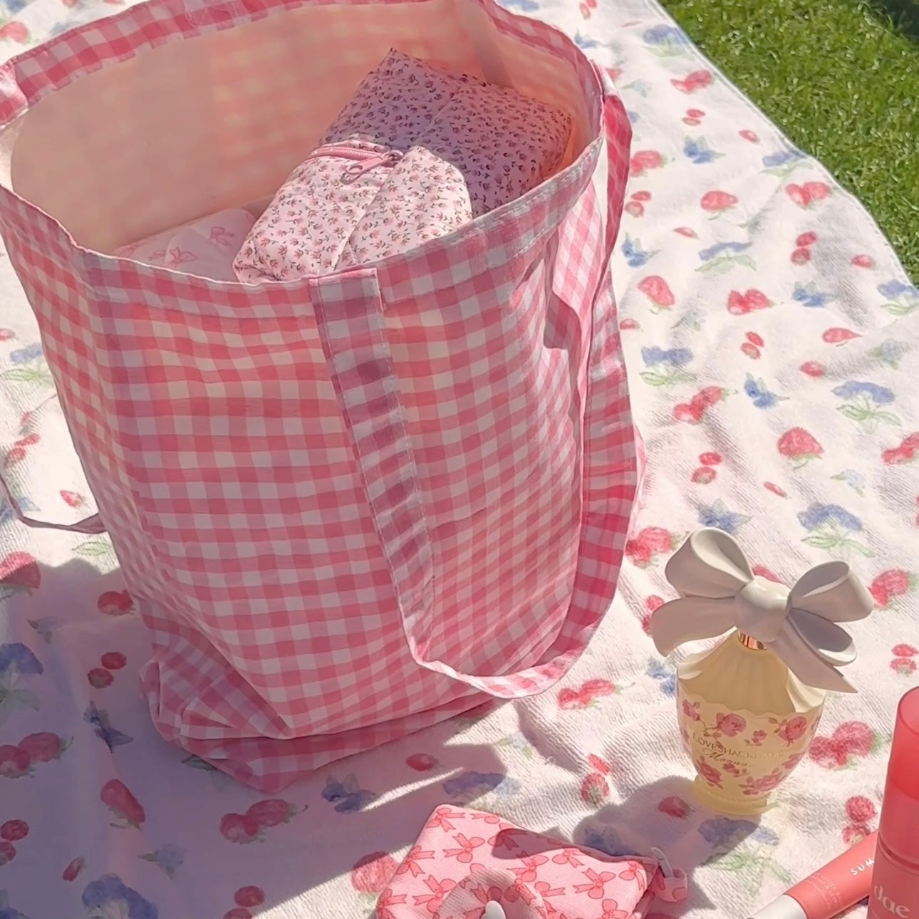 LARGE PINK GINGHAM TOTEBAG