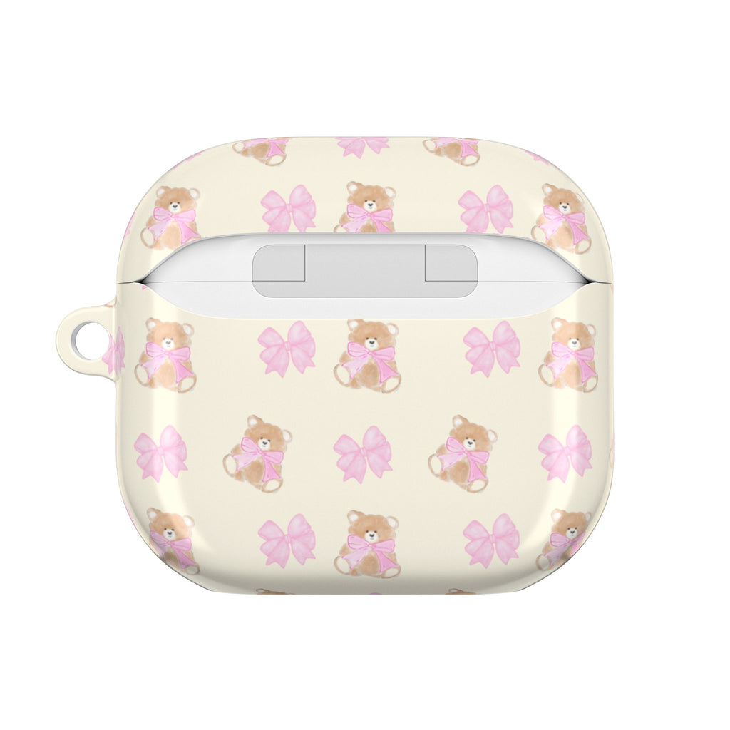 BEIGE TEDDY PINK BOW AIRPOD CASE