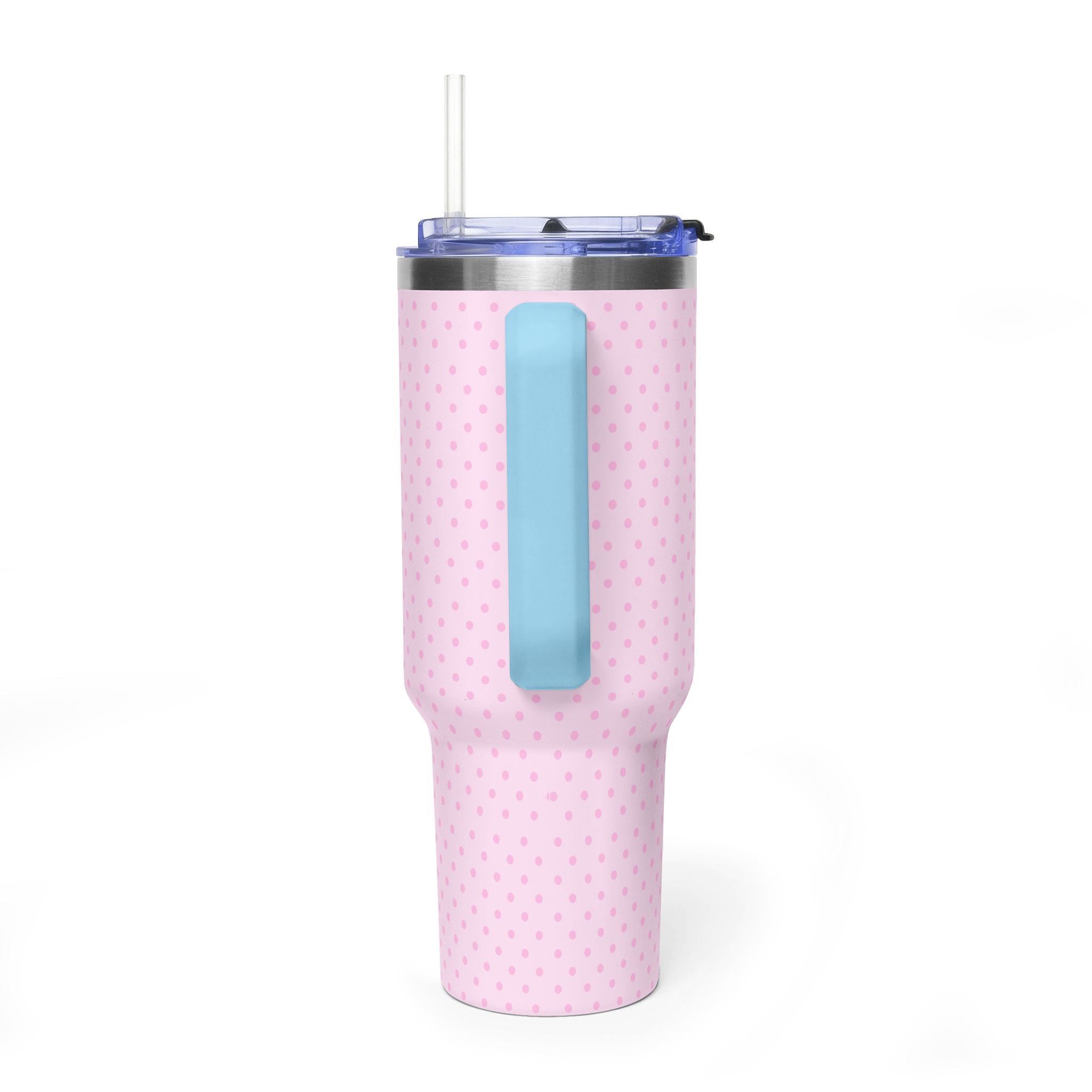 LIGHT PINK POLKA DOTS & BLUE 40OZ STAINLESS STEEL TUMBLER
