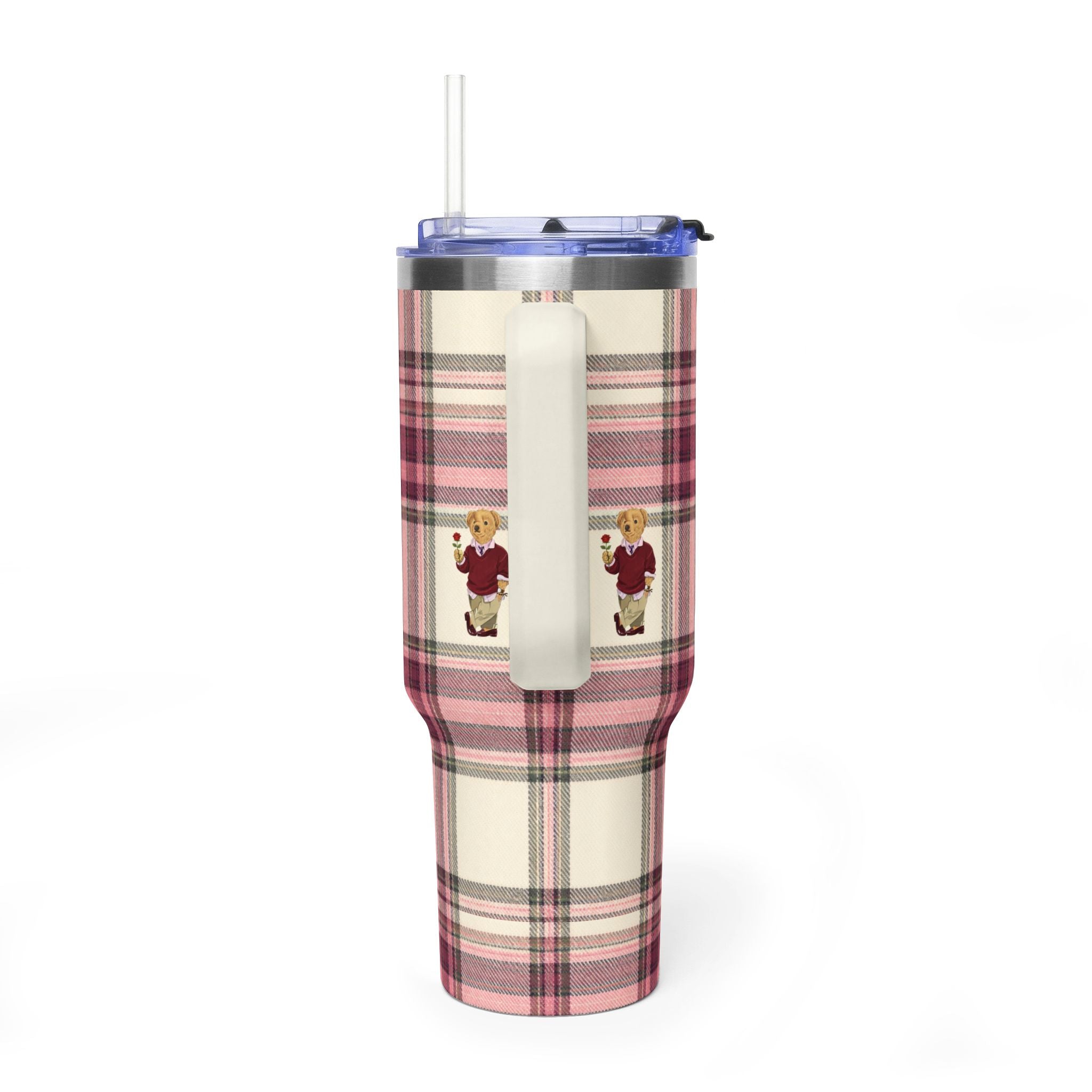 BEIGE & RED TARTAN PLAID RL TEDDY BEAR 40OZ STAINLESS STEEL TUMBLER