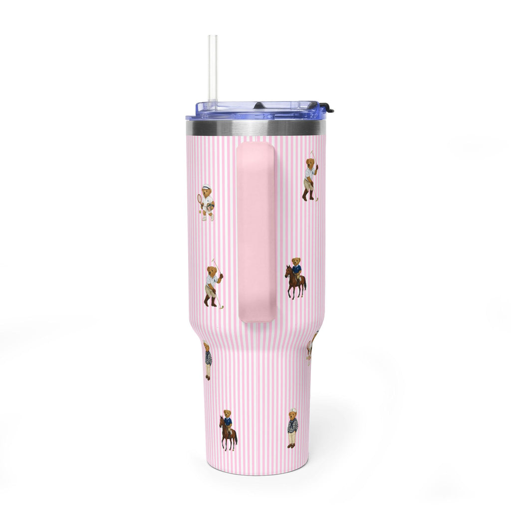 PINK STRIPES RL POLO TEDDY BEARS 40OZ STAINLESS STEEL TUMBLER