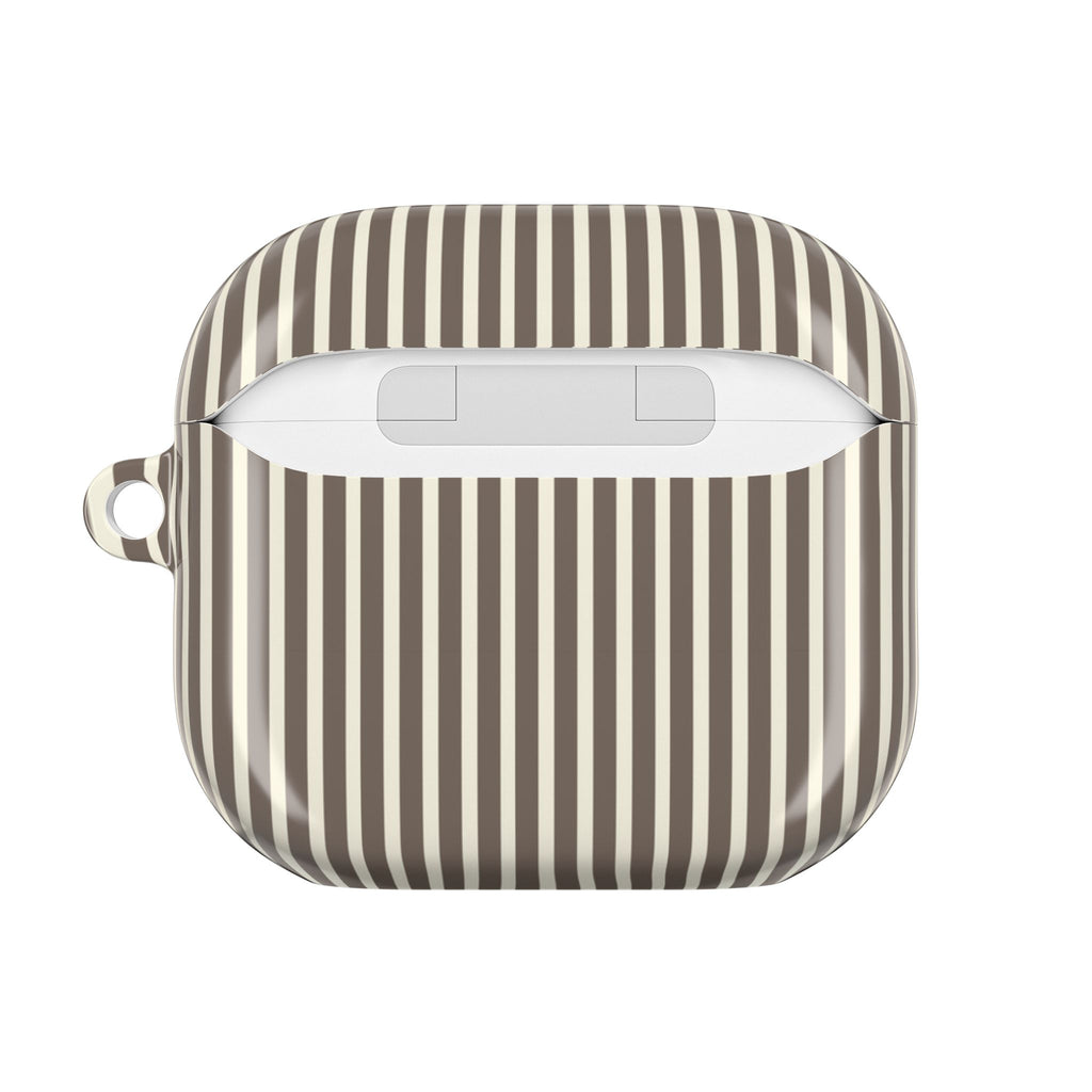 Brown-and-cream striped AirPods case with teddy bear patch on front